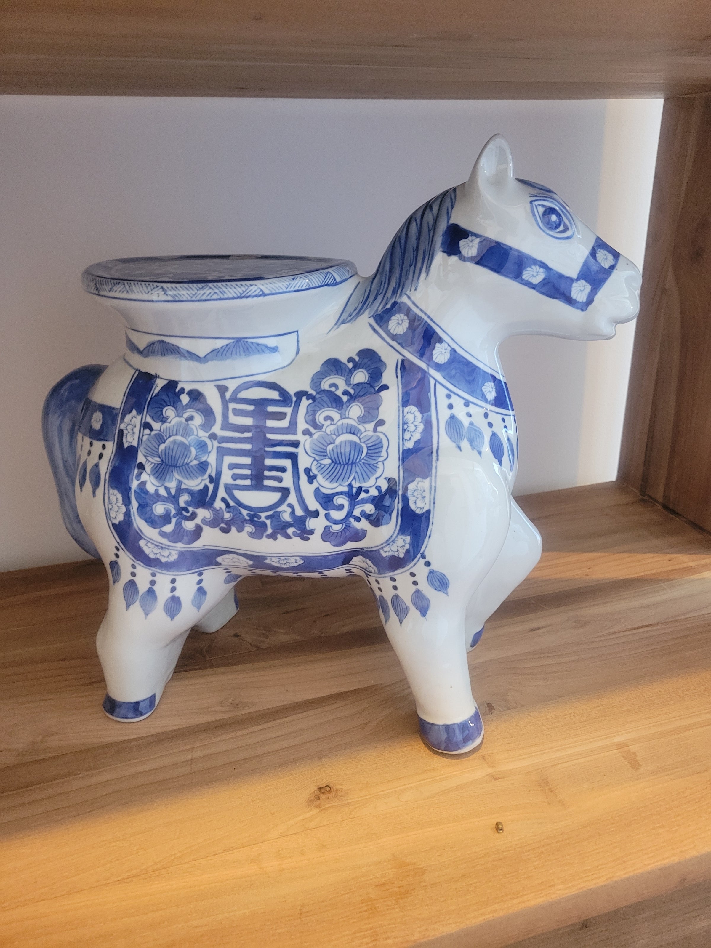 Chinese-Style Blue & White Ceramic Plant Stand Shaped Like Donkey