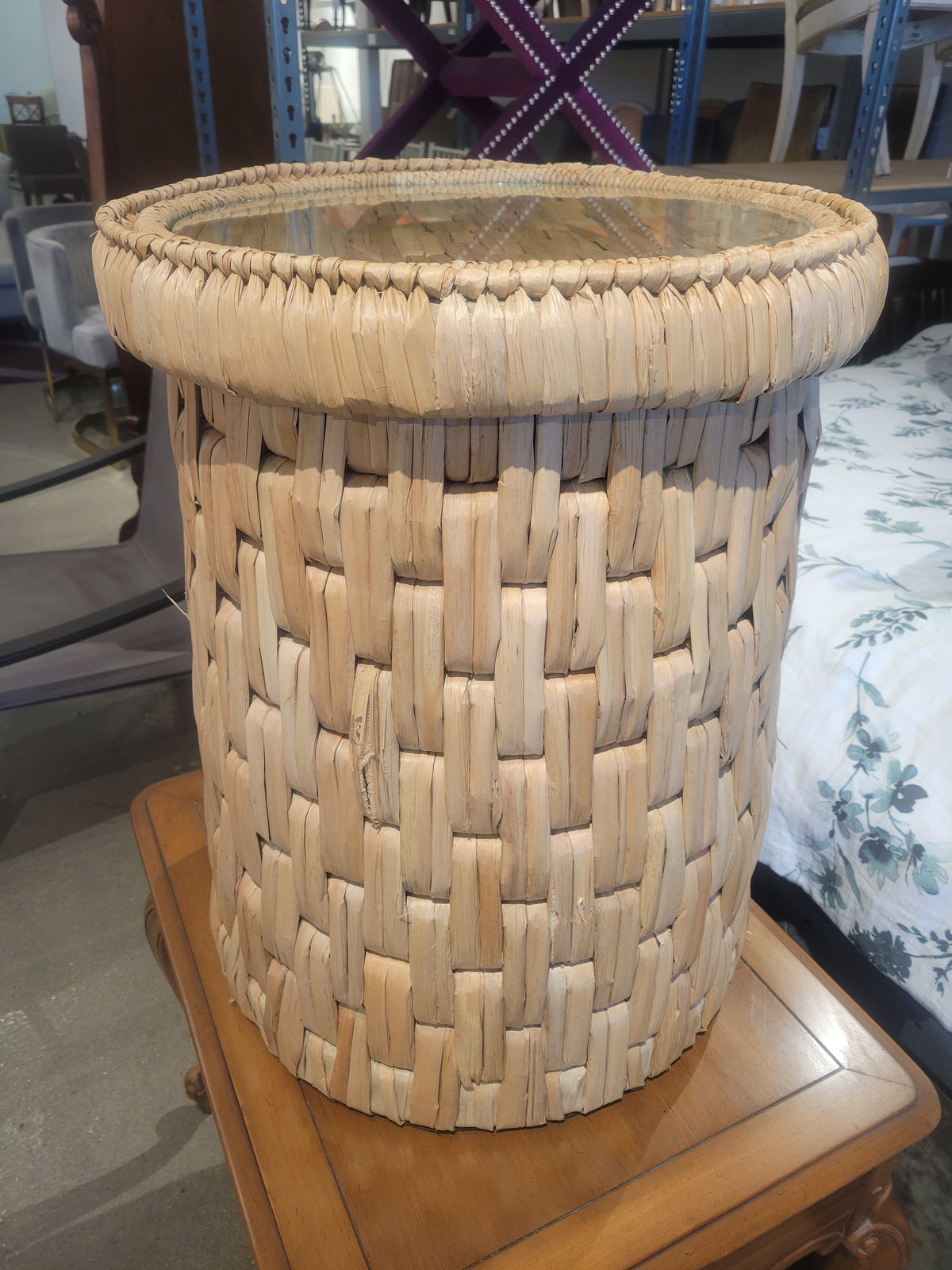 Round Woven Seagrass Side Table w/ Glass Top Attrib. to S&L (AS IS)