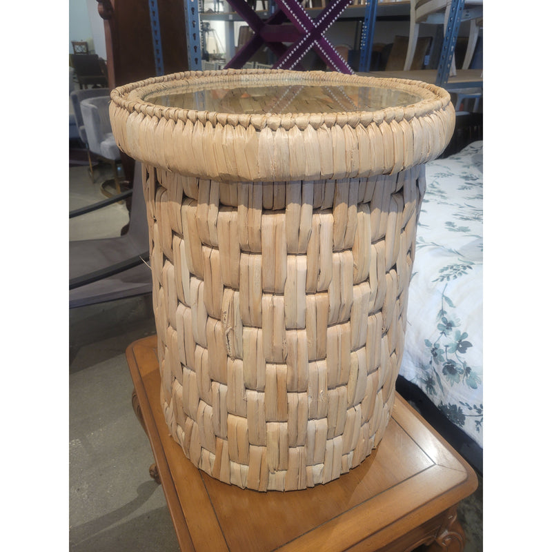 Round Woven Seagrass Side Table w/ Glass Top Attrib. to S&L (AS IS) - colletteconsignment.com