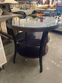 Round Mahogany Entry Table w/ 2 Shelves & Glass Top by Barbara Barry for Baker