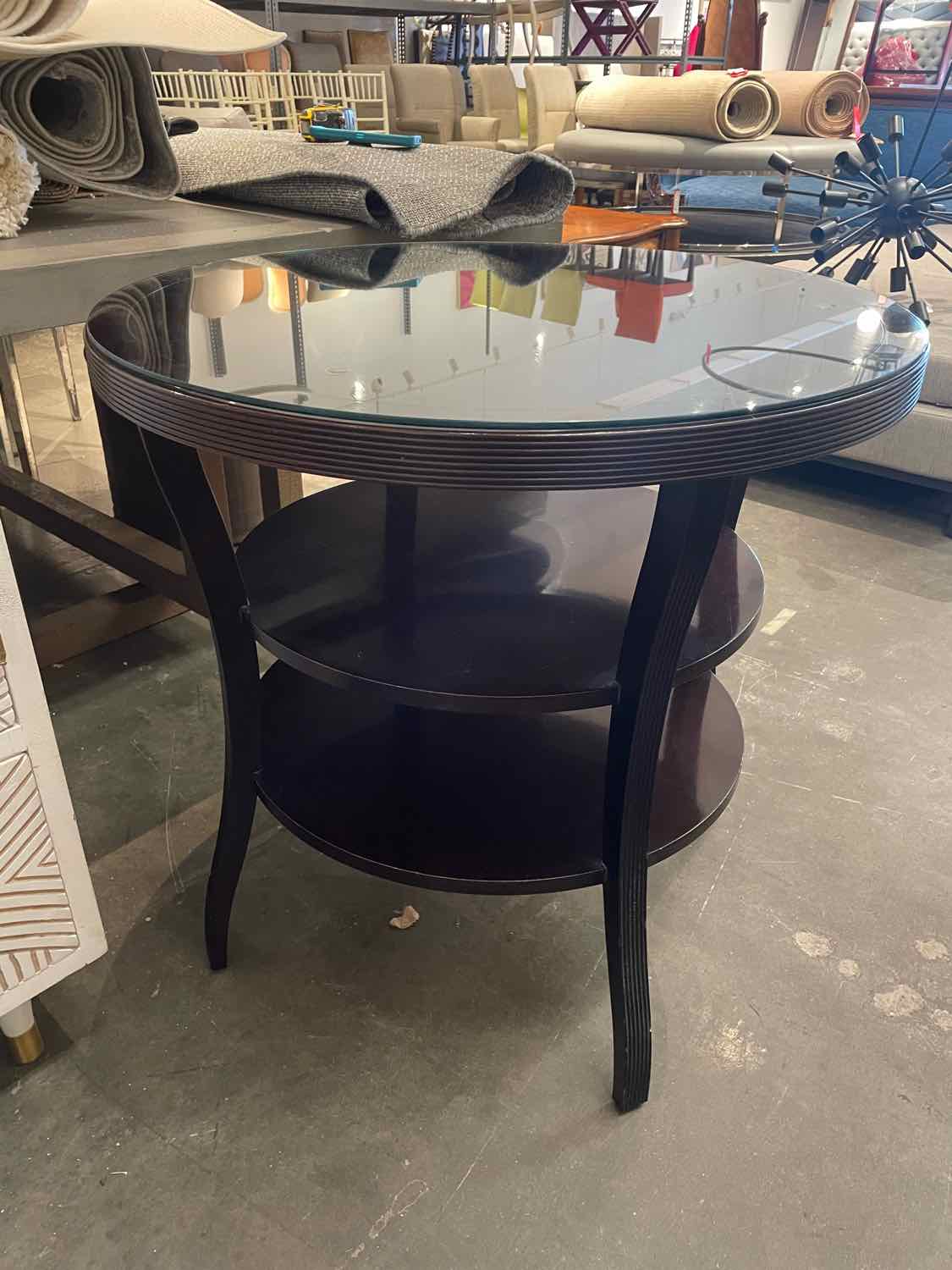 Round Mahogany Entry Table w/ 2 Shelves & Glass Top by Barbara Barry for Baker
