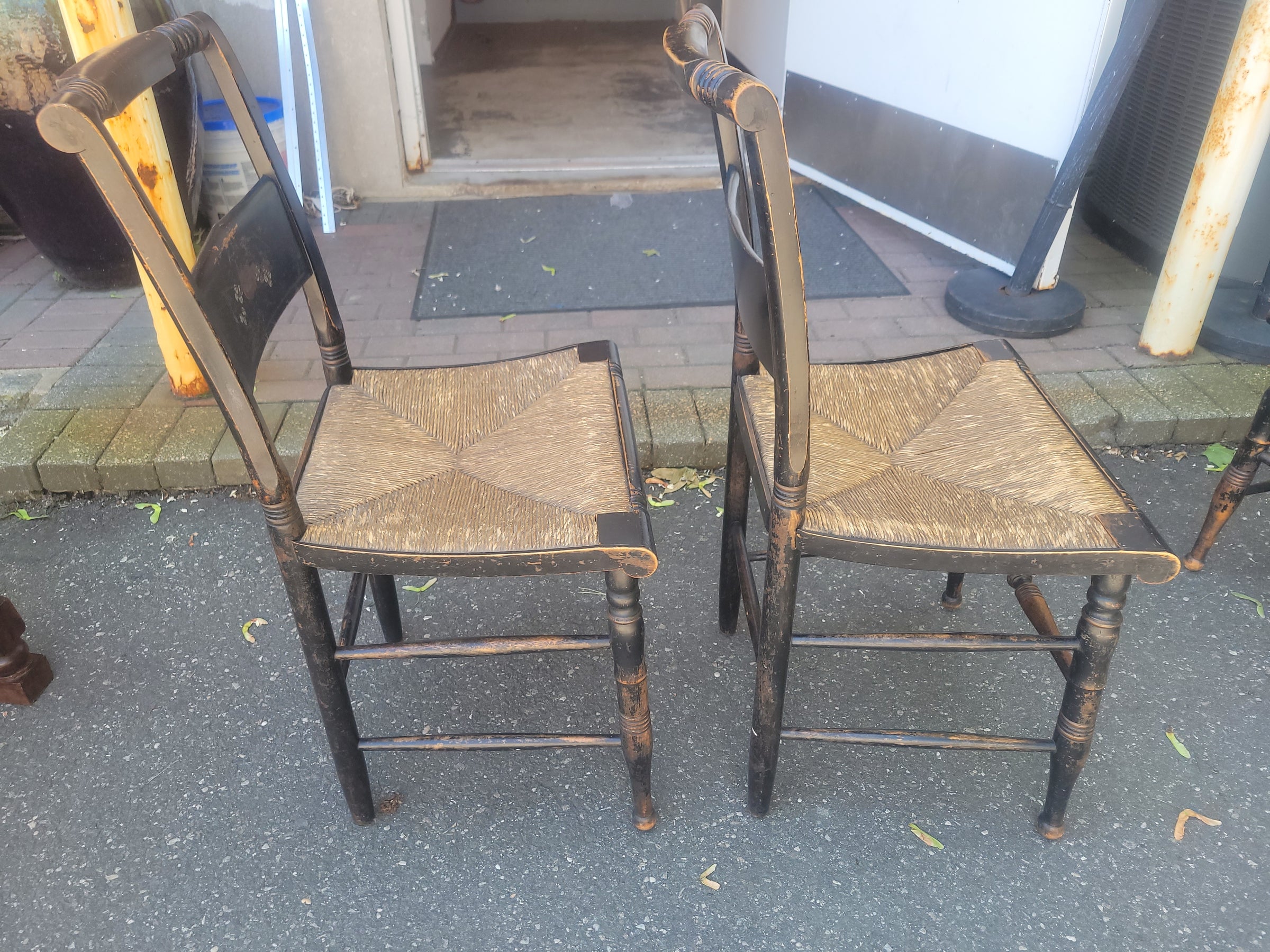 SET of 4 Antique Black Wood Hitchcock Chairs w/ Rush Seats (AS IS)