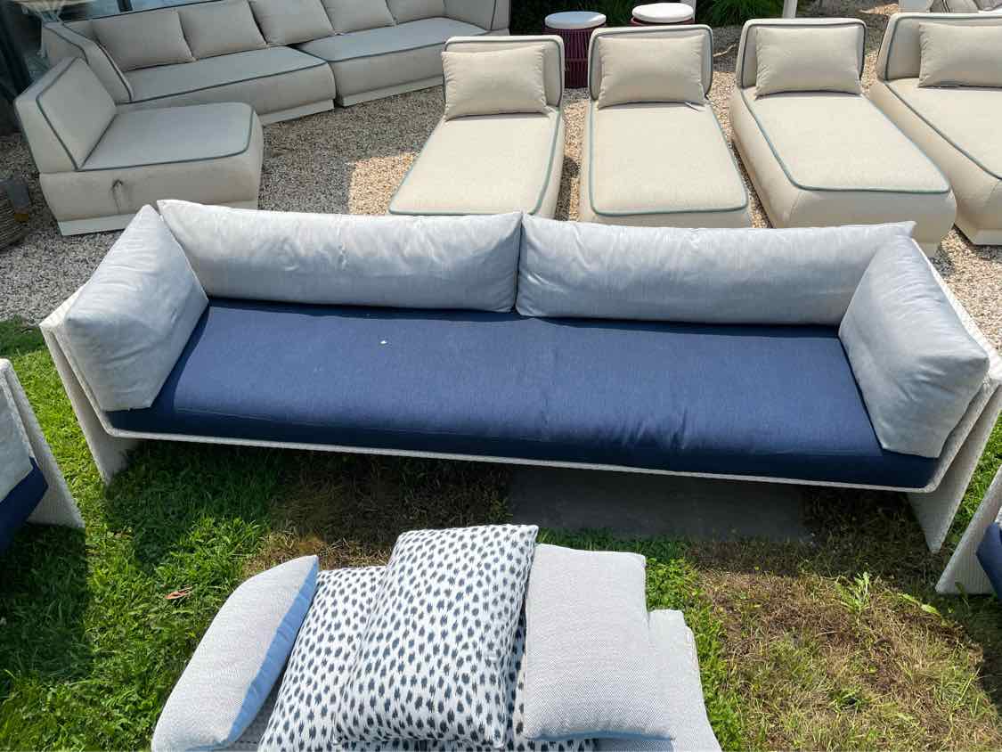 White Wicker Slimline 3-Seater Sofa w/ Navy Cushions by Dedon