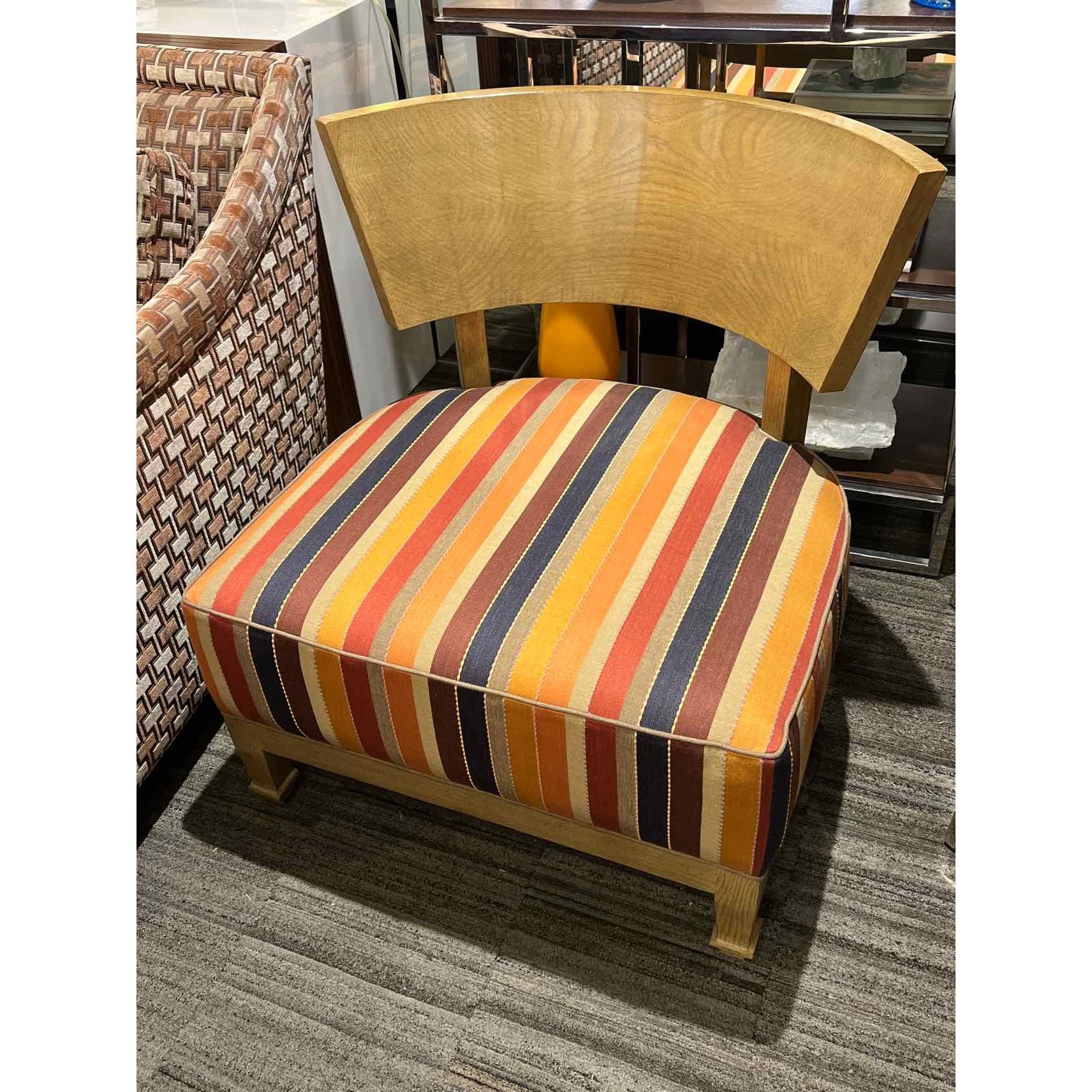 Pair of Multi Color Striped Low Seat Chairs with Curved Wood Back