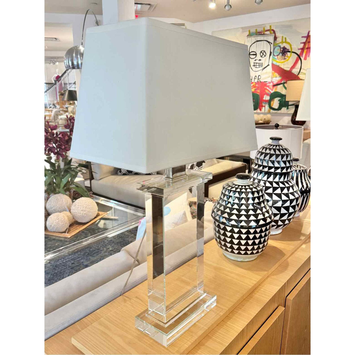 Pair of RH Heavy Glass Lamps w/ Shades