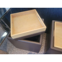 Brown Leather Storage Ottoman w/ Flip Top Wood Tray on Casters by DWR - colletteconsignment.com