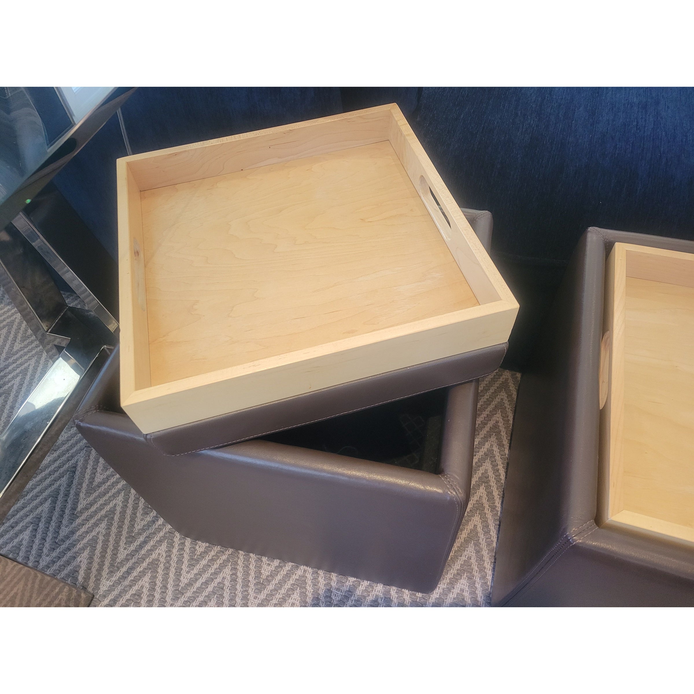 Brown Leather Storage Ottoman w/ Flip Top Wood Tray on Casters by DWR - colletteconsignment.com