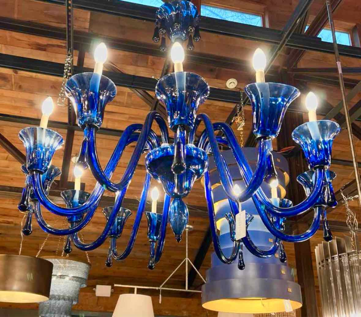 Vintage Blue Glass Murano 12 Arm Chandelier