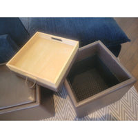 Brown Leather Storage Ottoman w/ Flip Top Wood Tray on Casters by DWR - colletteconsignment.com