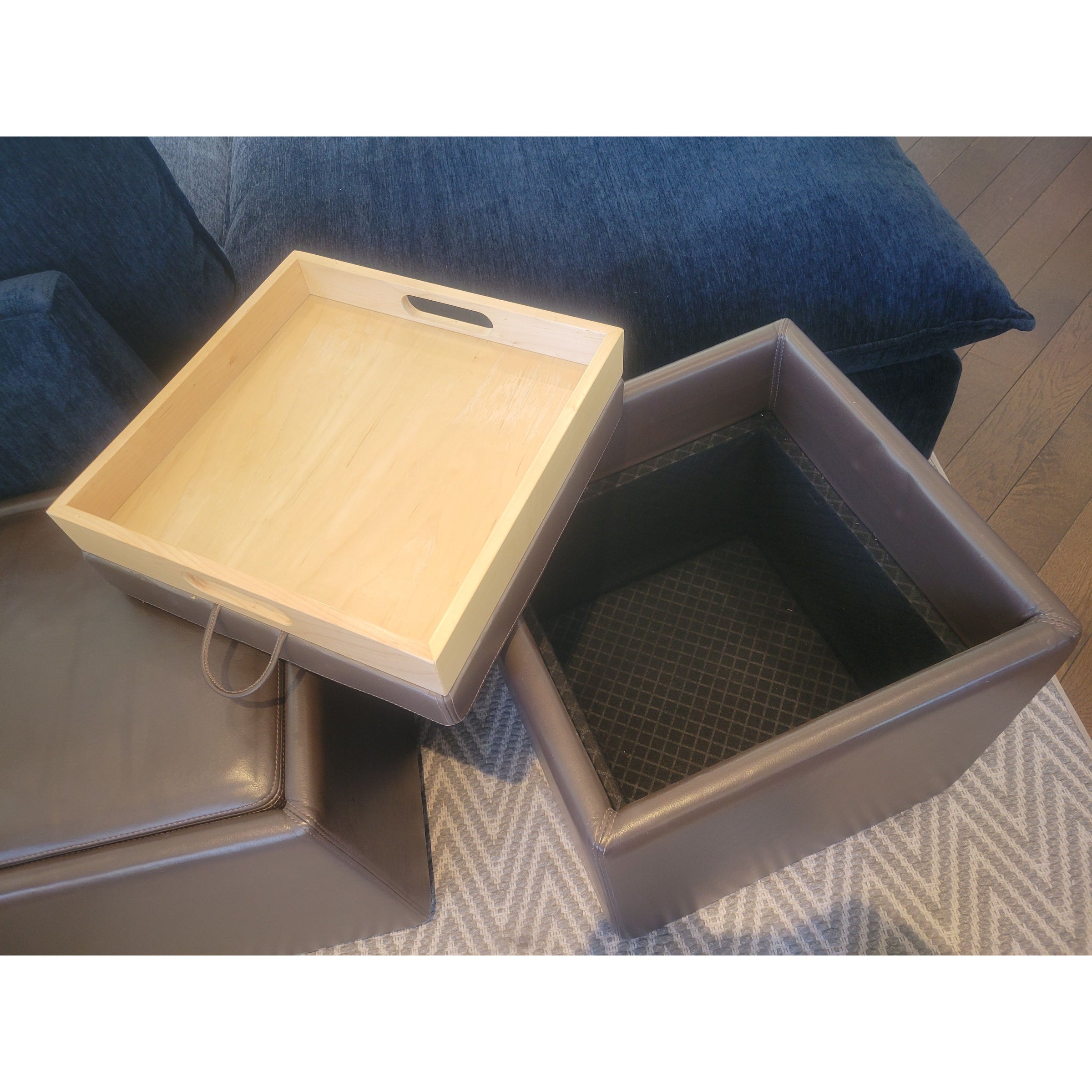 Brown Leather Storage Ottoman w/ Flip Top Wood Tray on Casters by DWR - colletteconsignment.com