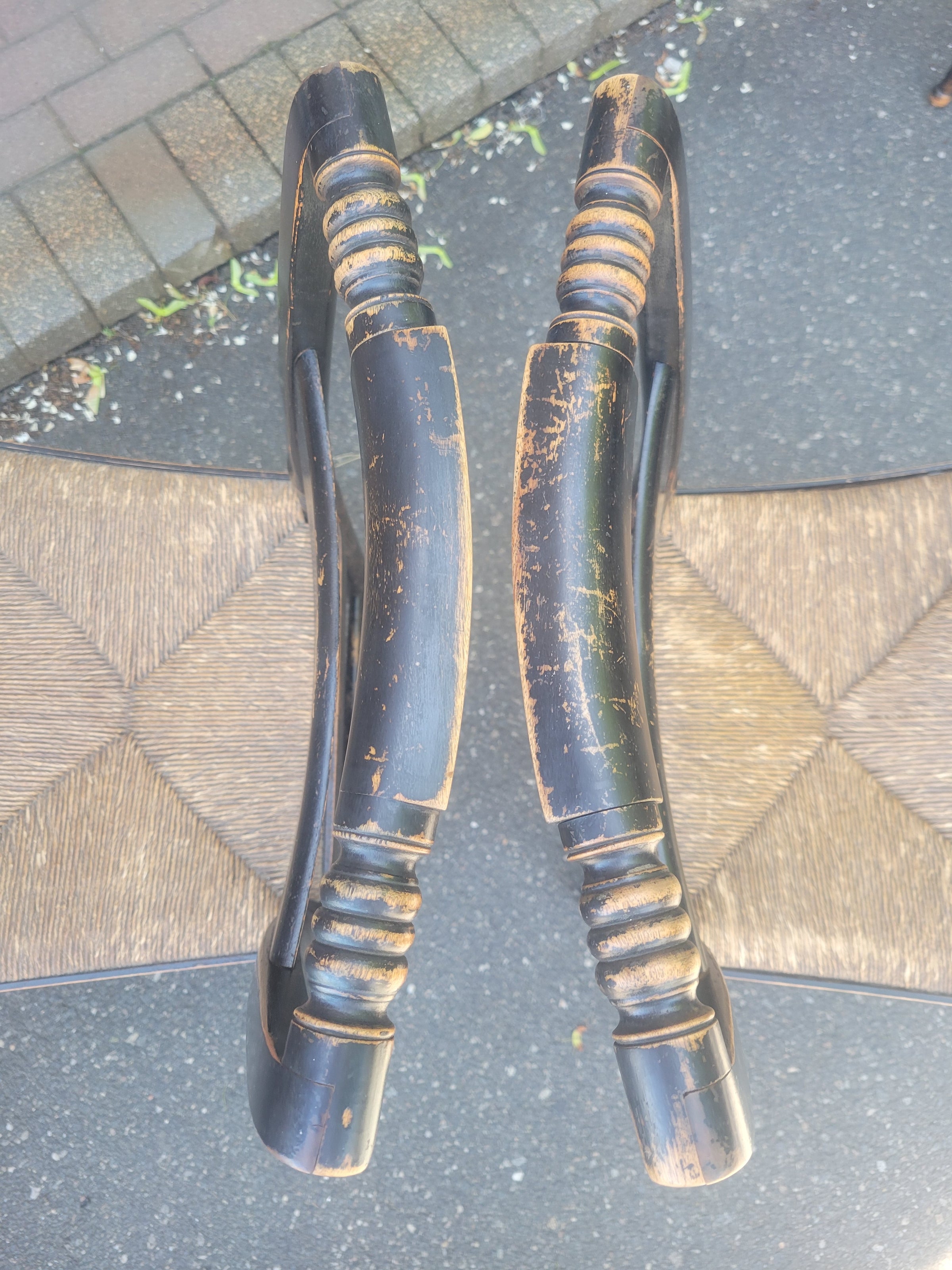 SET of 4 Antique Black Wood Hitchcock Chairs w/ Rush Seats (AS IS)