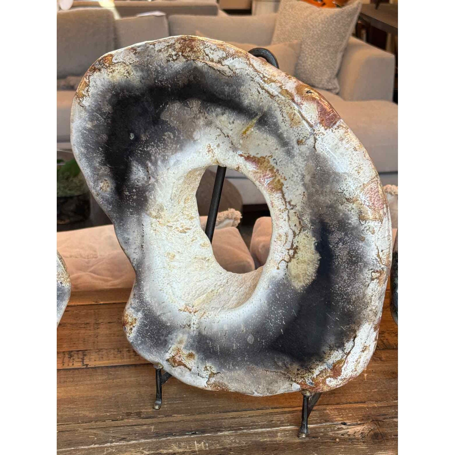 Petrified Wood Ring Sculpture on Iron Stand