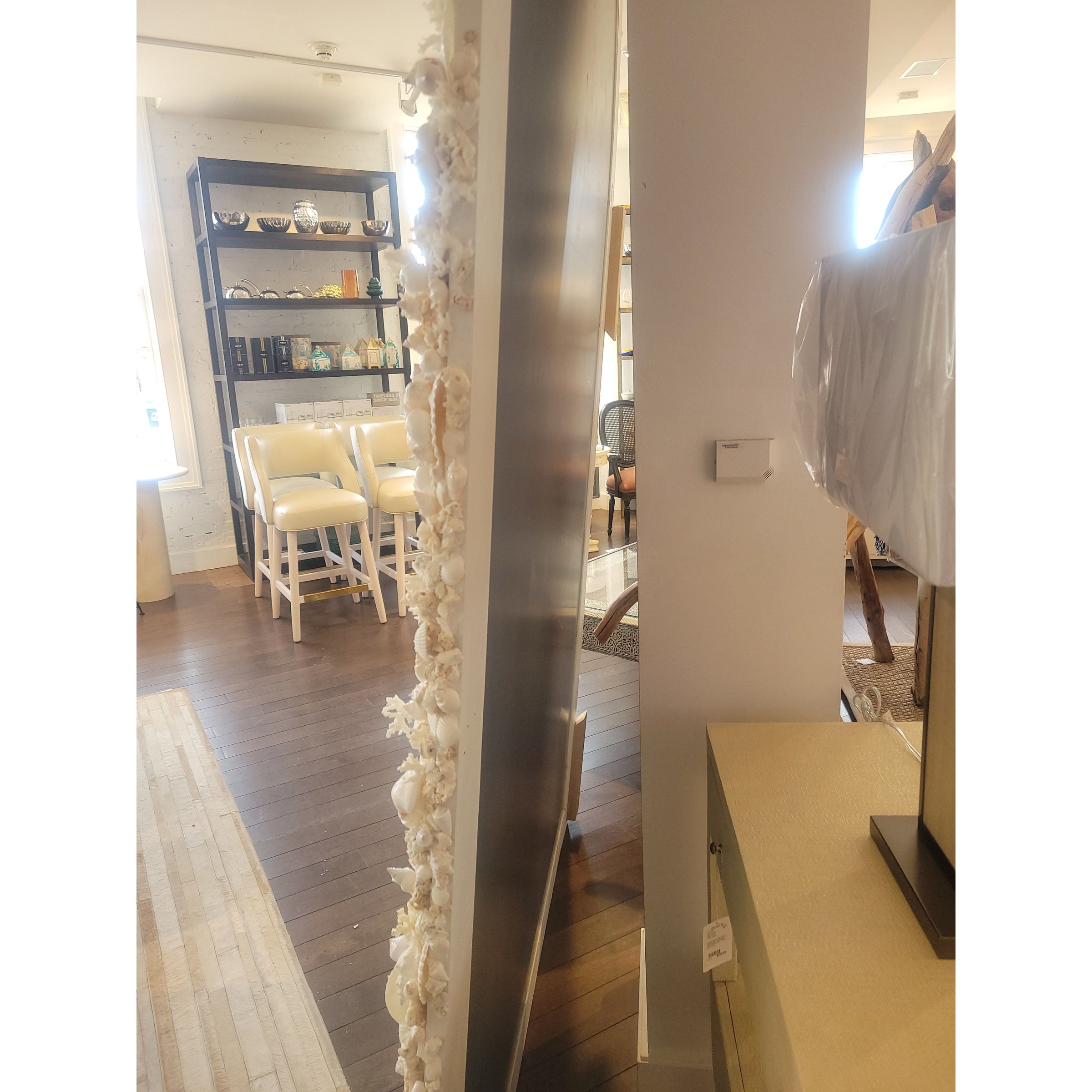 Custom 8-ft Arched Standing Mirror Lined w/ Bahamas Shells (AS IS) - colletteconsignment.com