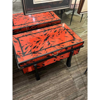 Orange Red& Black Brush Stroke Patterned Occasional Table with Iron Frame Legs