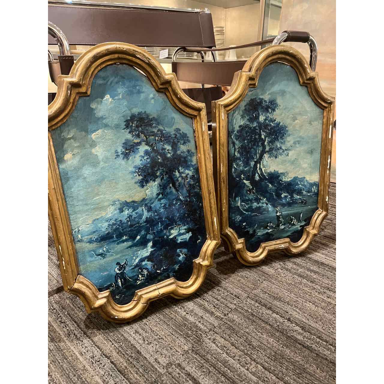 Pair of Antique Gilded Frame Pastoral Scenes 18th C.