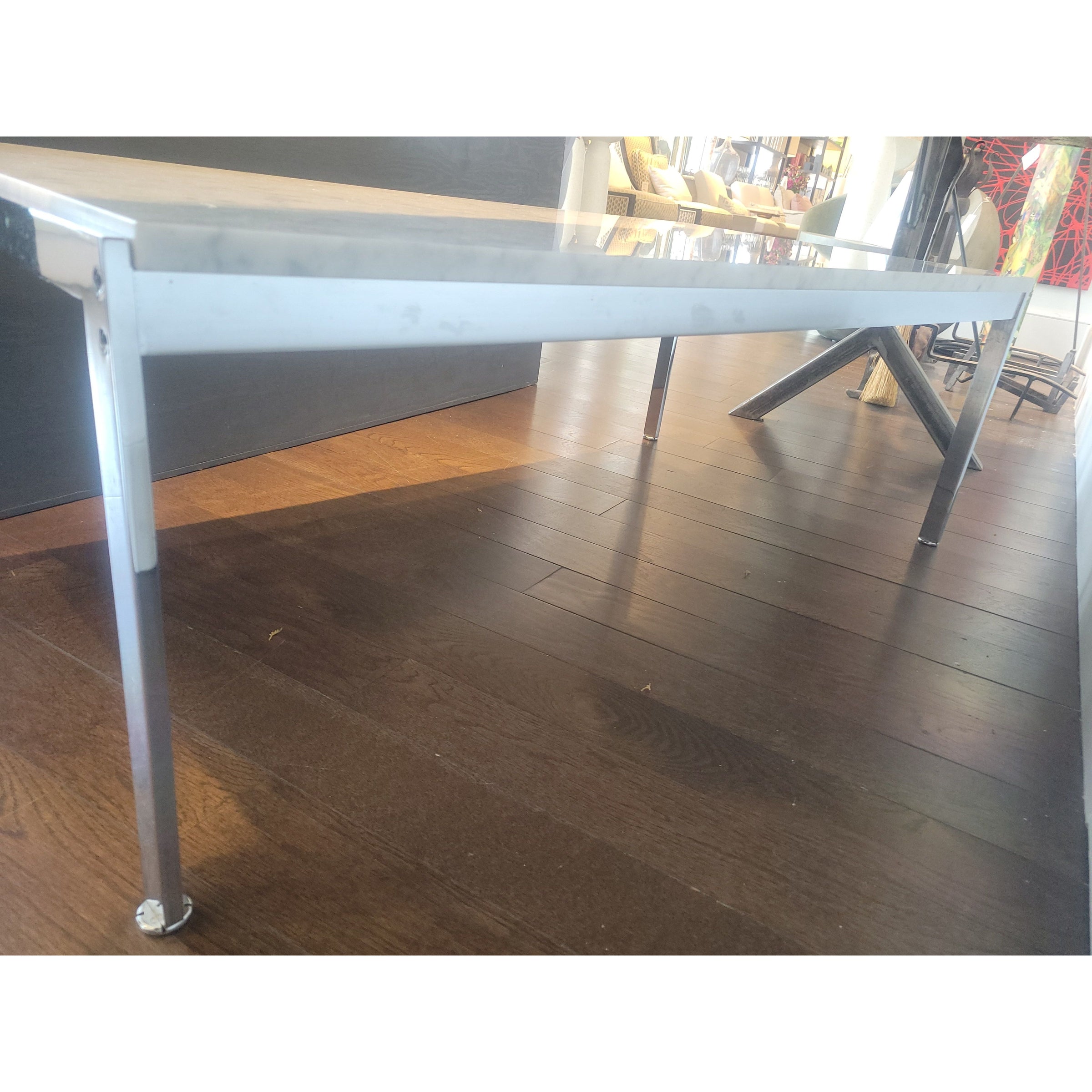 Mid-Century Rectangular Chrome Coffee Table w/ White Marble Top