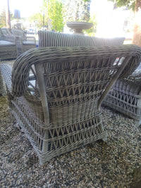 PAIR of Gray Wicker Arbor Lounge Chairs w/ Striped Cushions by Janus et Cie