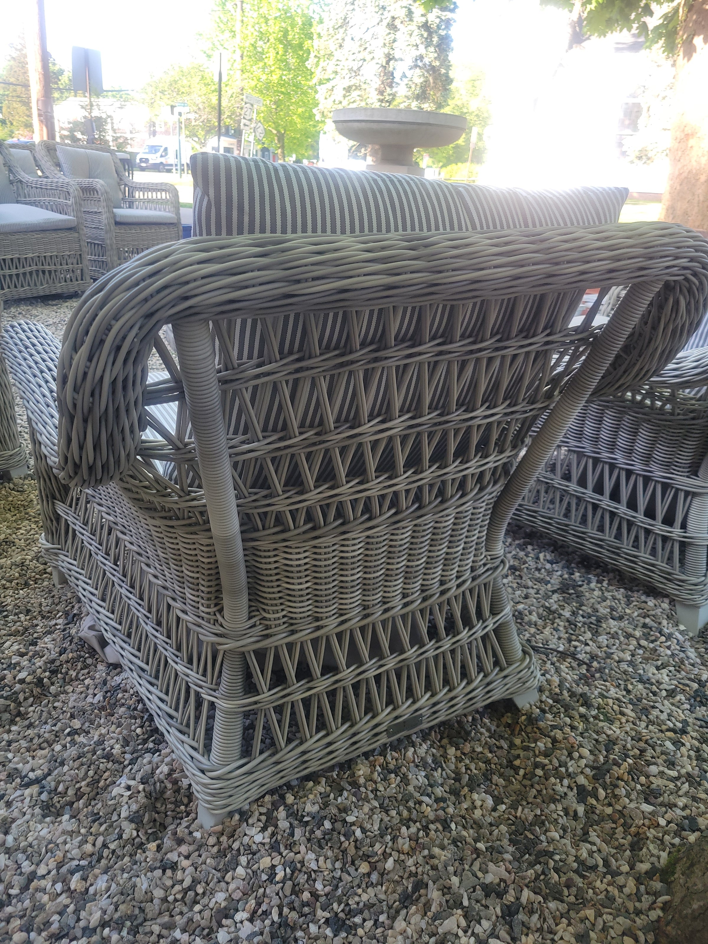 PAIR of Gray Wicker Arbor Lounge Chairs w/ Striped Cushions by Janus et Cie
