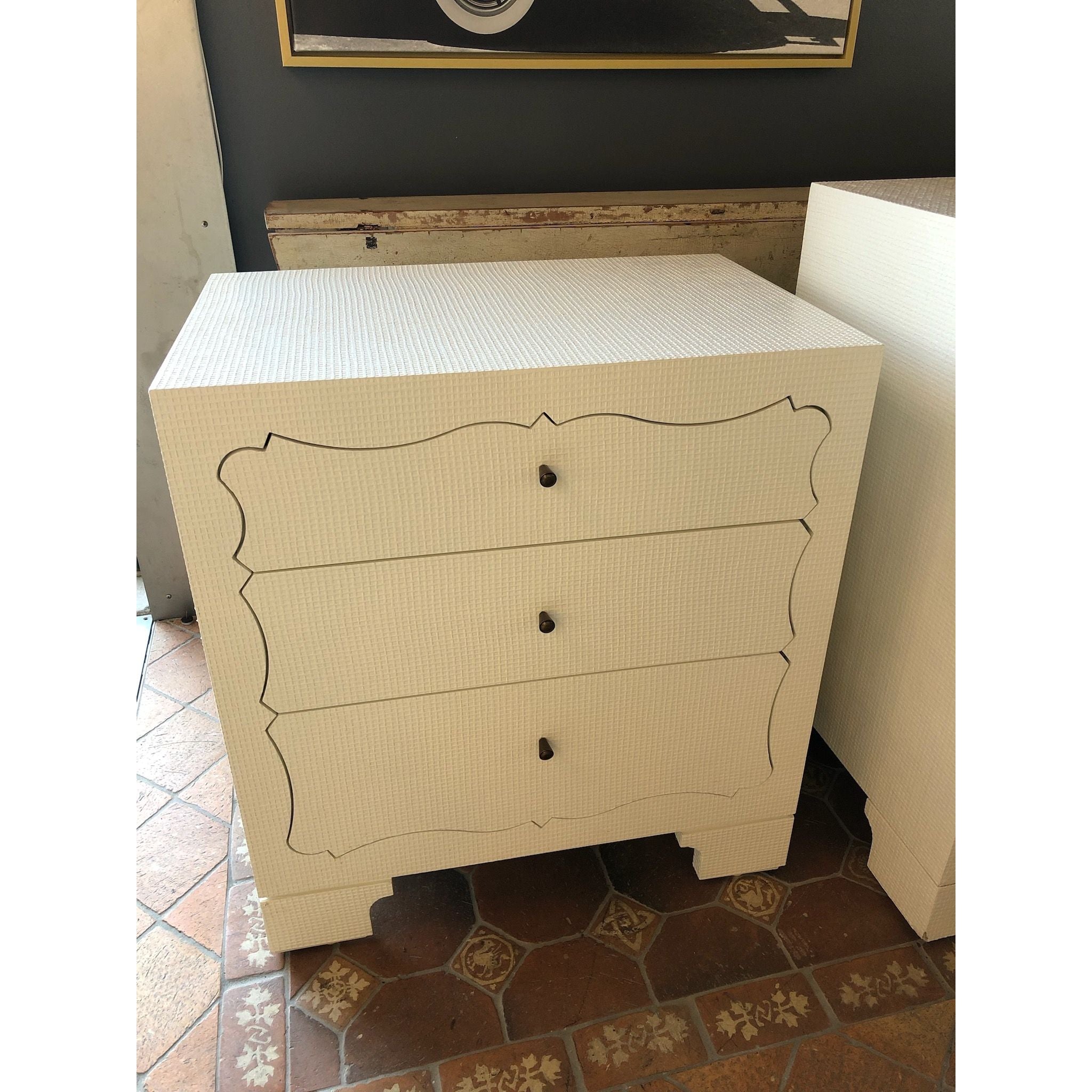 India White Faux Linen / Grasscloth 3-Drawer Nightstand by Dear Keaton - colletteconsignment.com