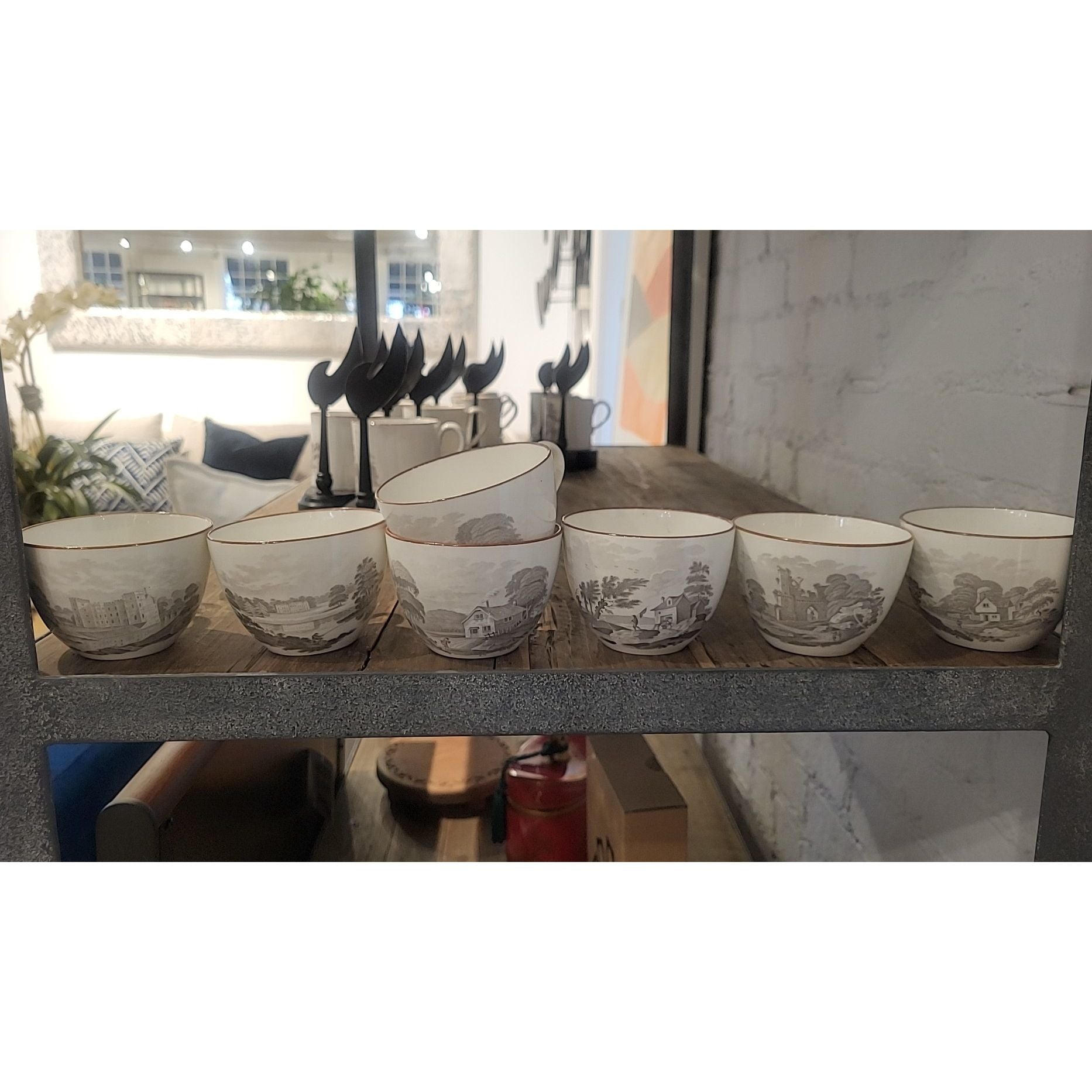 41-Pc 19th C. British Bat-Printed Porcelain Dish Set by Spode w/ Display Stands