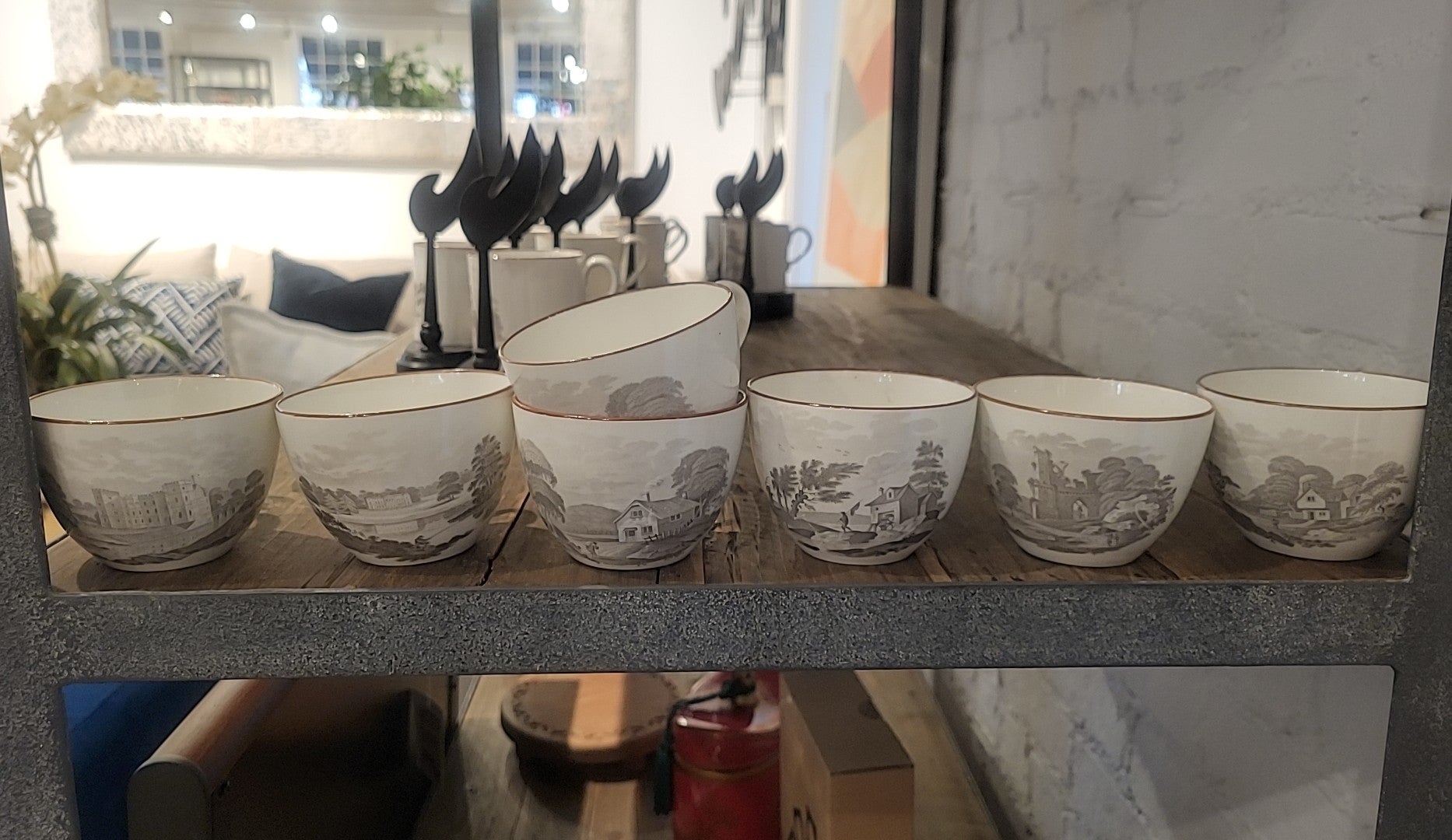 41-Pc 19th C. British Bat-Printed Porcelain Dish Set by Spode w/ Display Stands