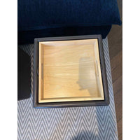 Brown Leather Storage Ottoman w/ Flip Top Wood Tray on Casters by DWR - colletteconsignment.com