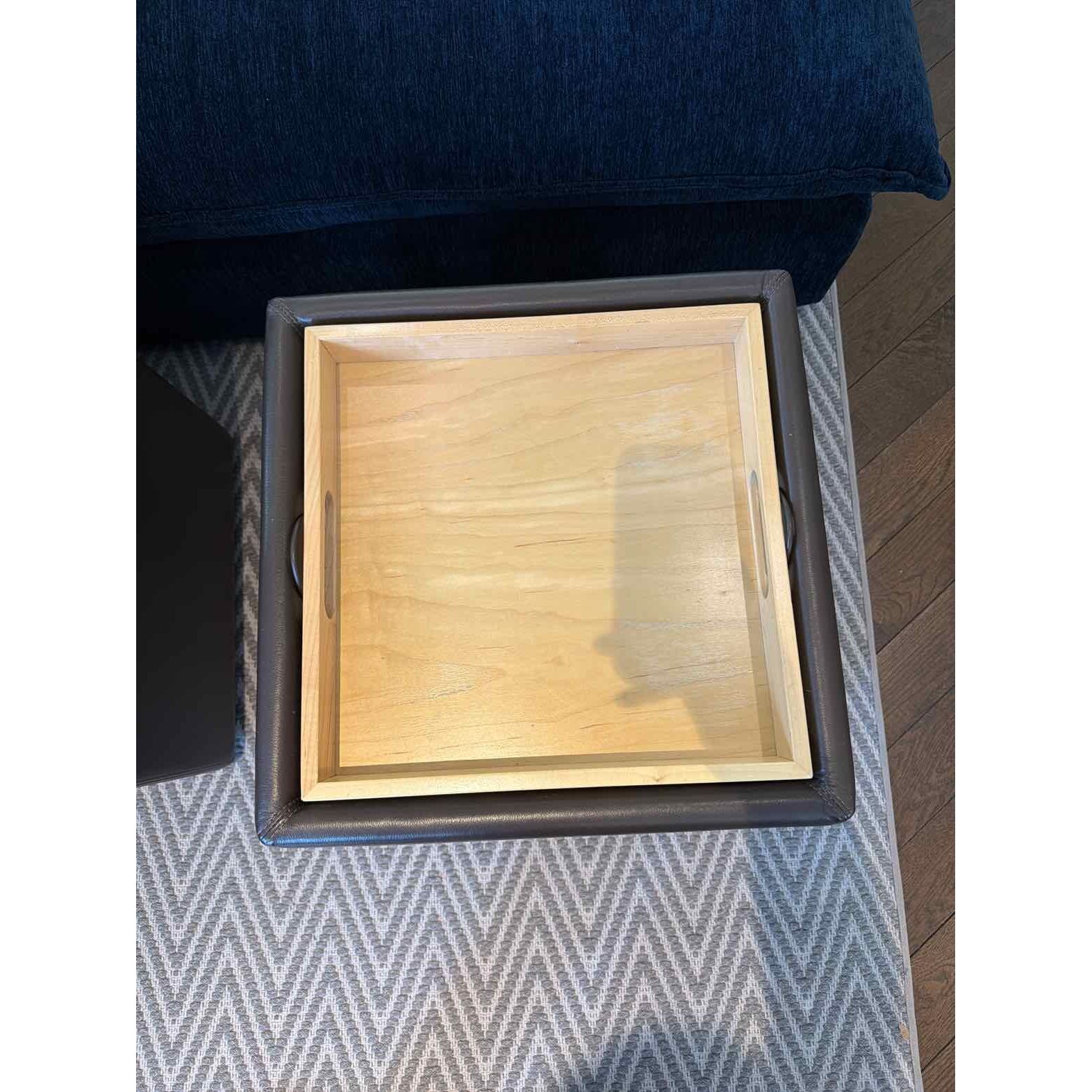 Brown Leather Storage Ottoman w/ Flip Top Wood Tray on Casters by DWR - colletteconsignment.com