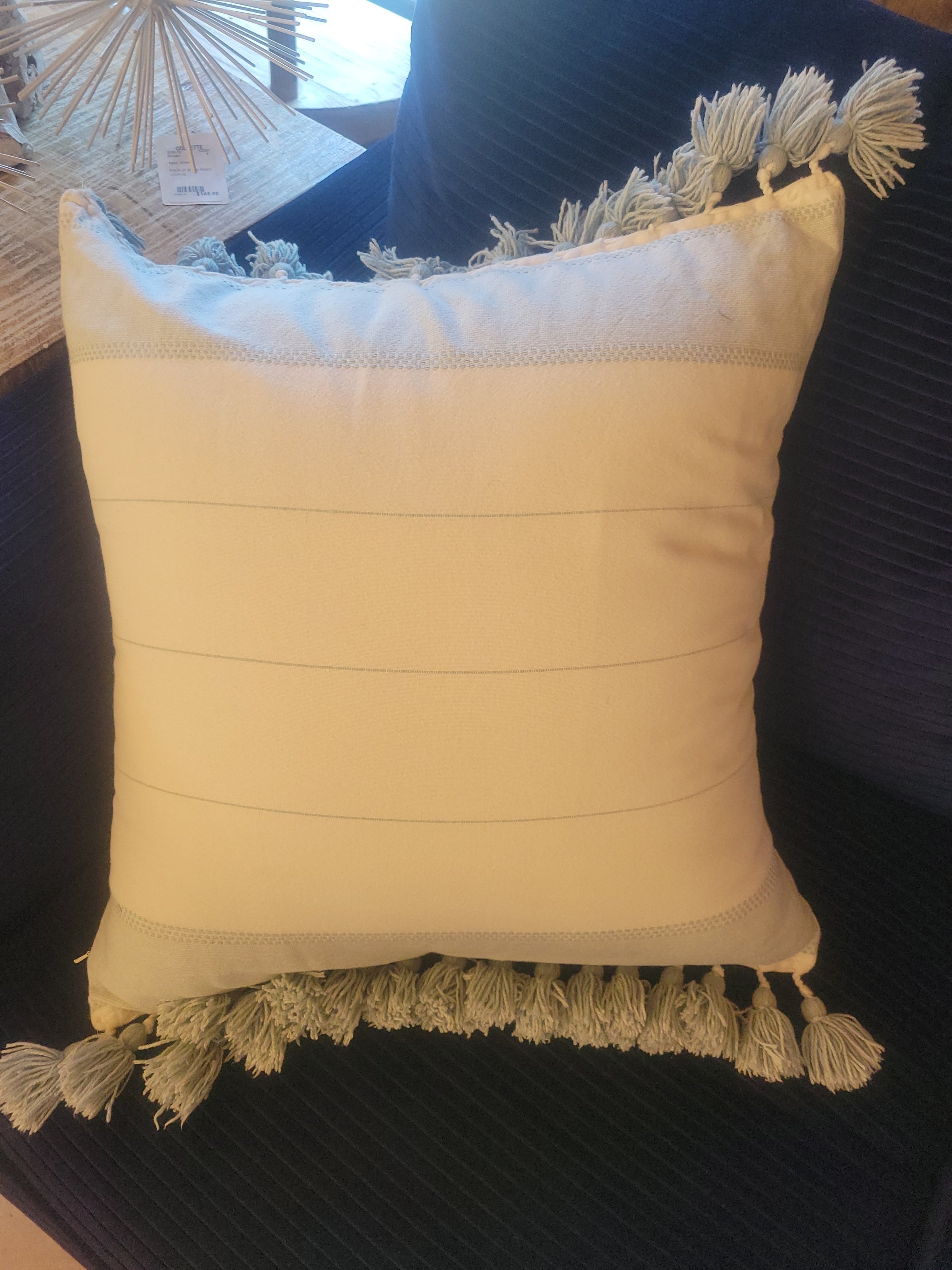 White Square Pillow w/ Blue Tassels by Serena & Lily
