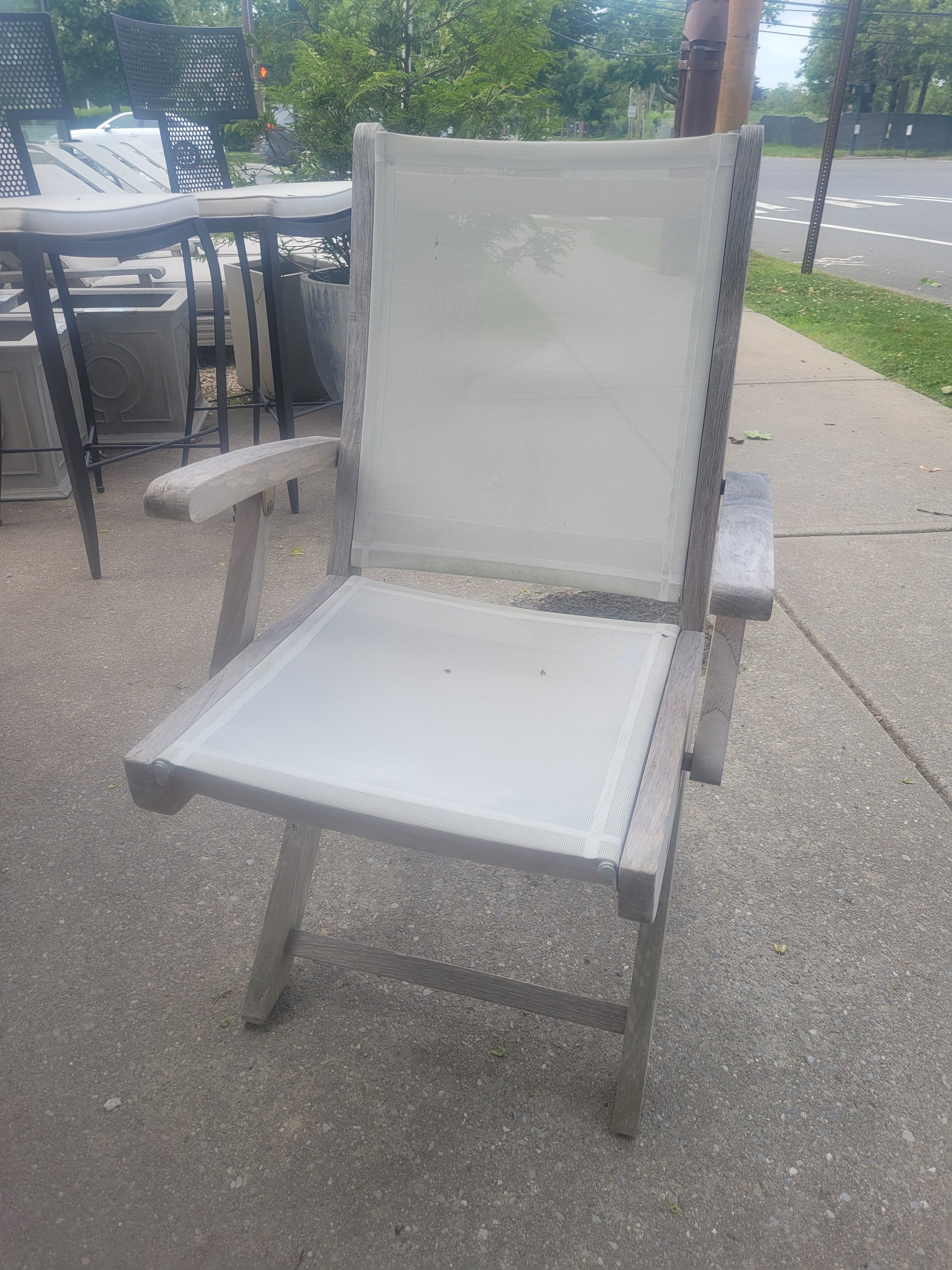 PAIR of Plantation Teak & White Mesh Folding Chairs