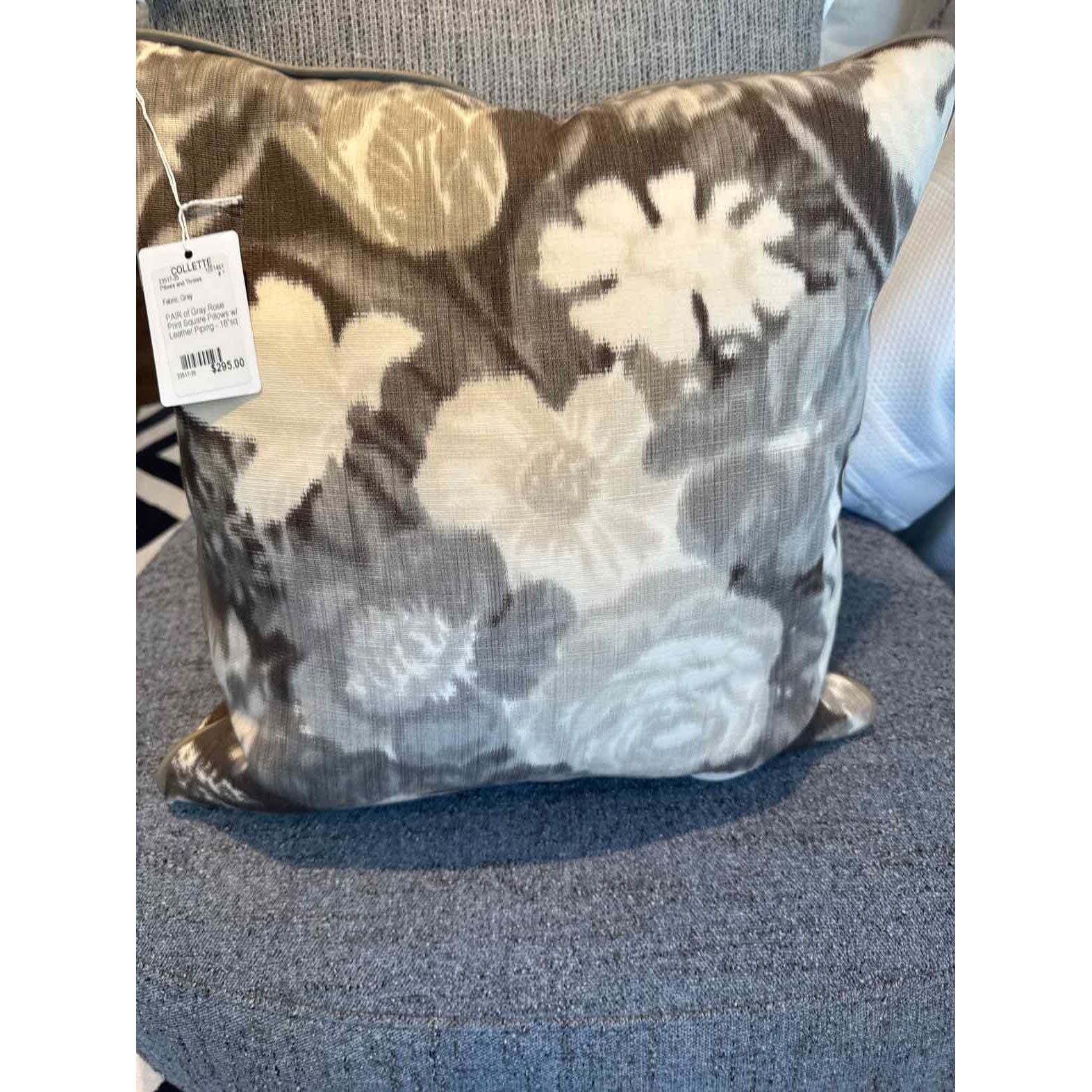 PAIR of Custom Gray Rose Print Square Pillows w/ Leather Piping - colletteconsignment.com
