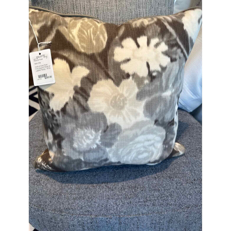 PAIR of Custom Gray Rose Print Square Pillows w/ Leather Piping - colletteconsignment.com