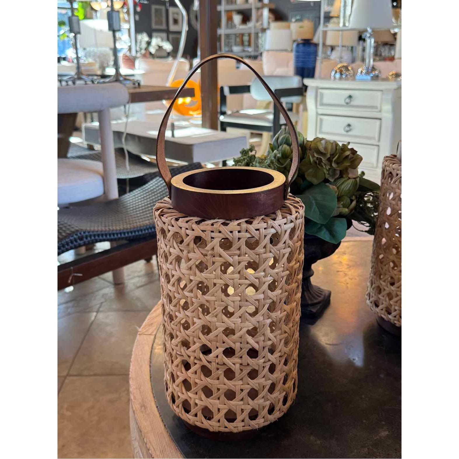 Teak & Rattan Lantern w/ Leather Handle