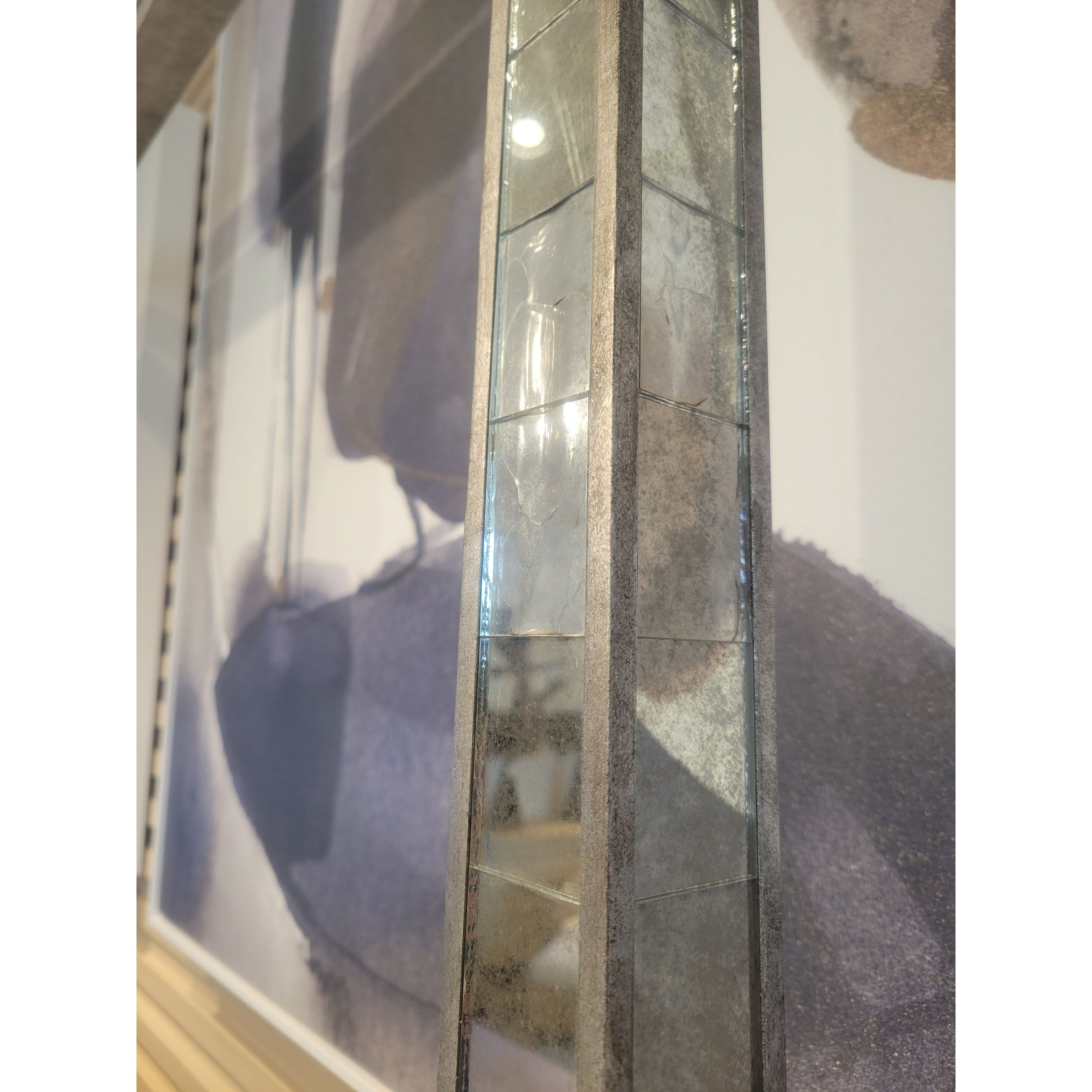 King-Sized Mirrored Mercury Glass Canopy Bed w/ Lilac Velvet Headboard (AS IS) - colletteconsignment.com
