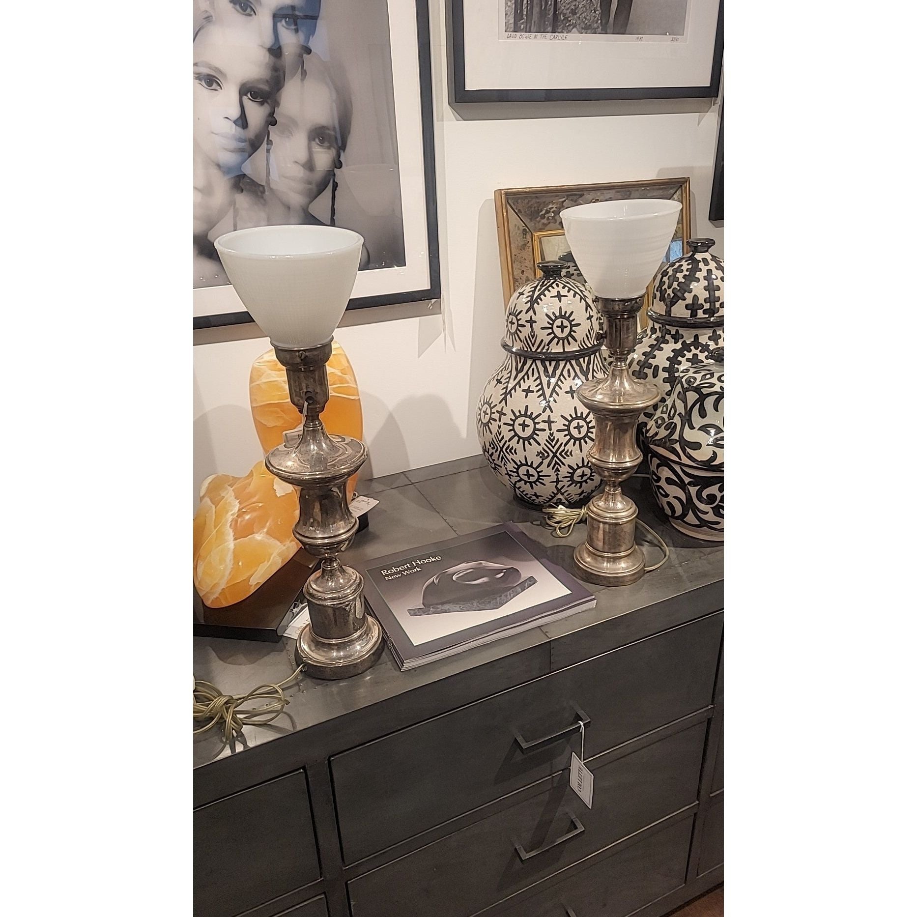 PAIR of Vintage Silver Plated Trophy Table Lamps w/ Milk Glass Shades