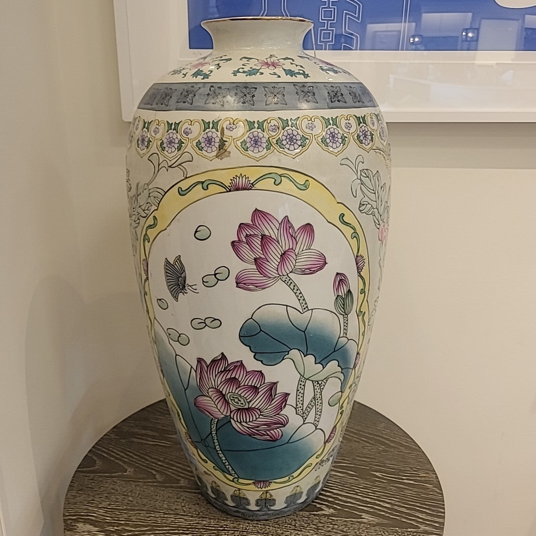 Large Asian Vase w/ Floral Landscape Motif, 26"Hx13"D