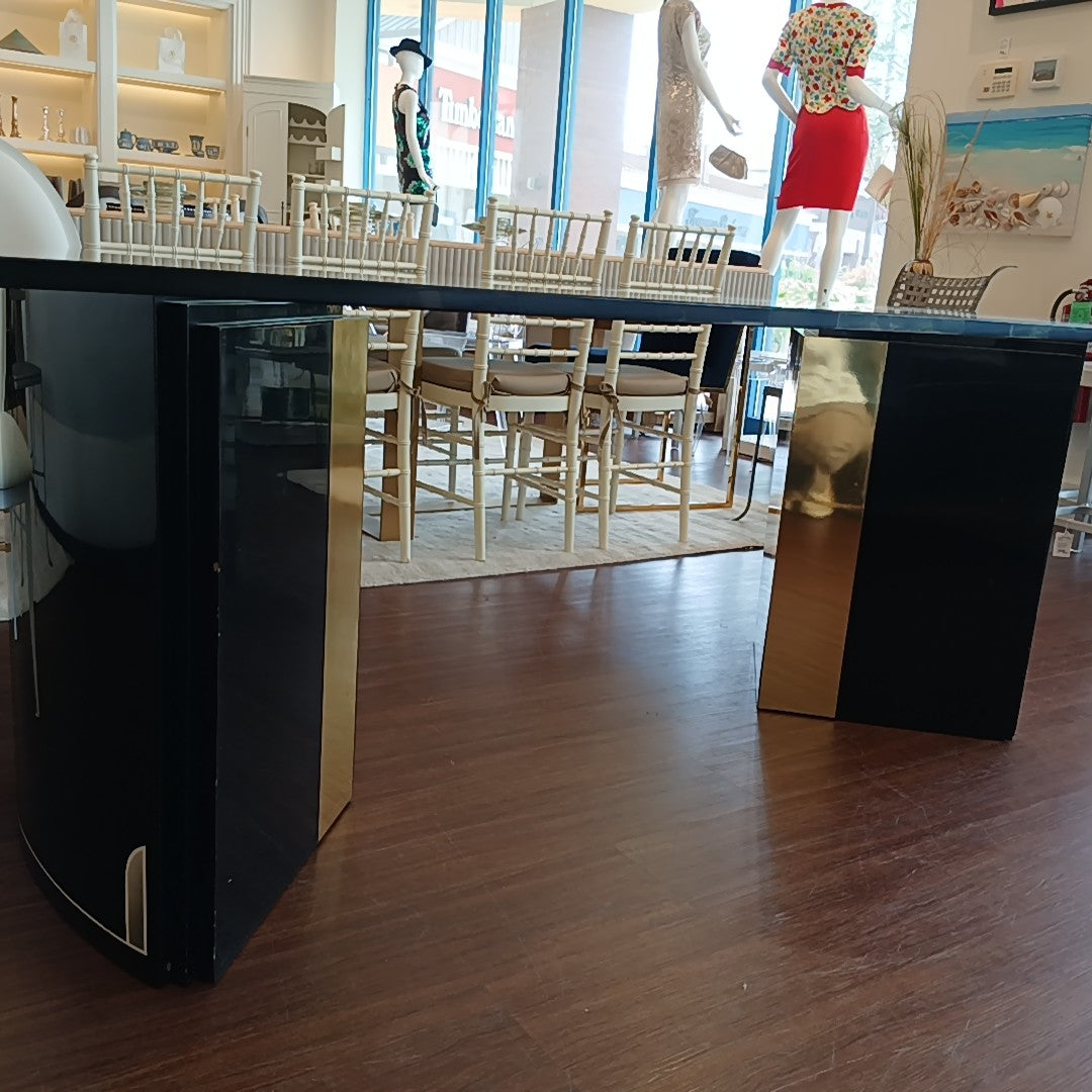 8-ft Glass Top Dining Table on Art Deco Black Lacquer Wedge Legs