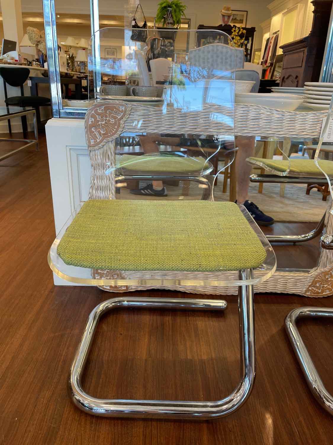 PAIR of Mid-Century Lucite & Chrome Chairs w/ Green Seats by Luigi Bardini