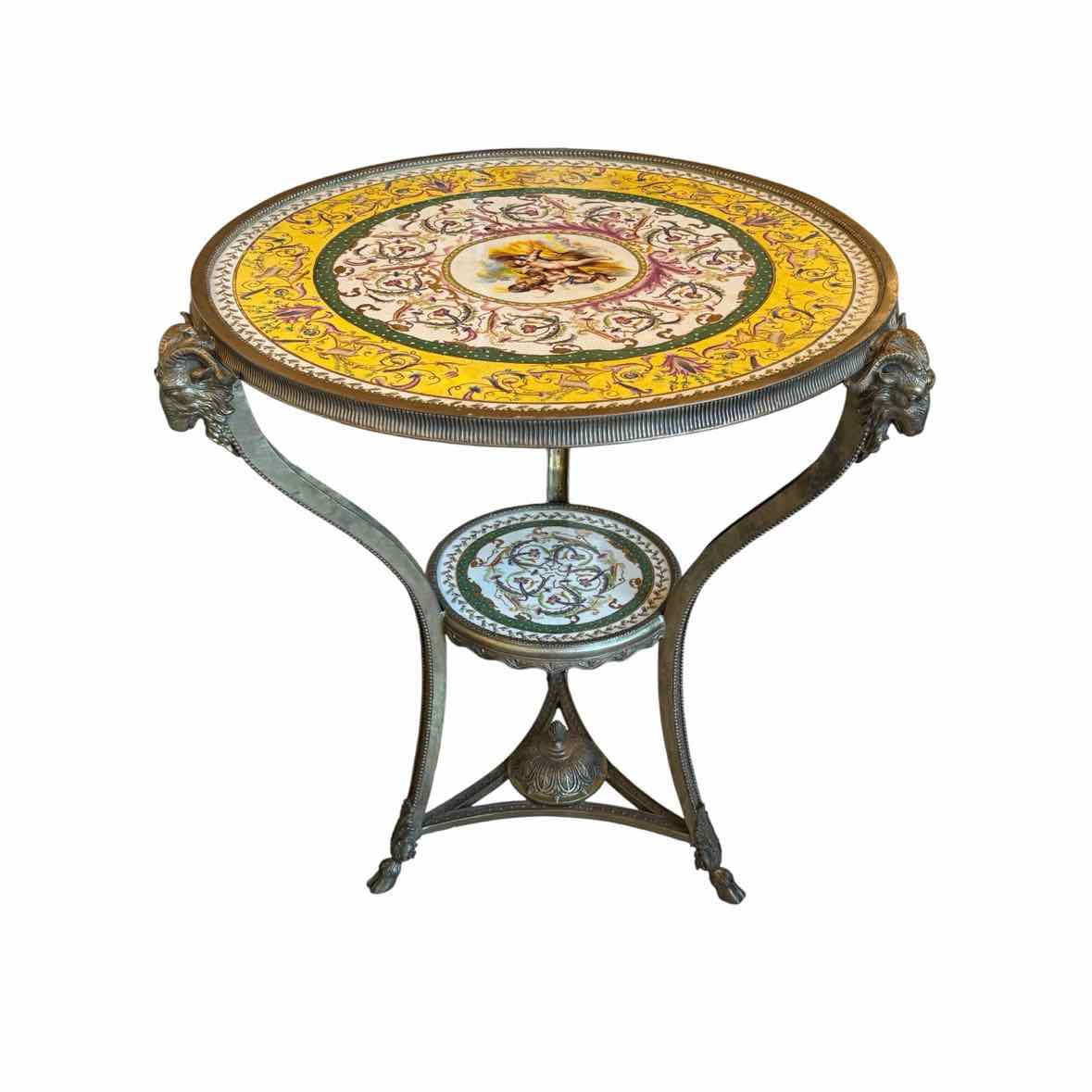 Antique Italian Brass Gueridon Table w/ Painted Cherubs & Goat Head Legs