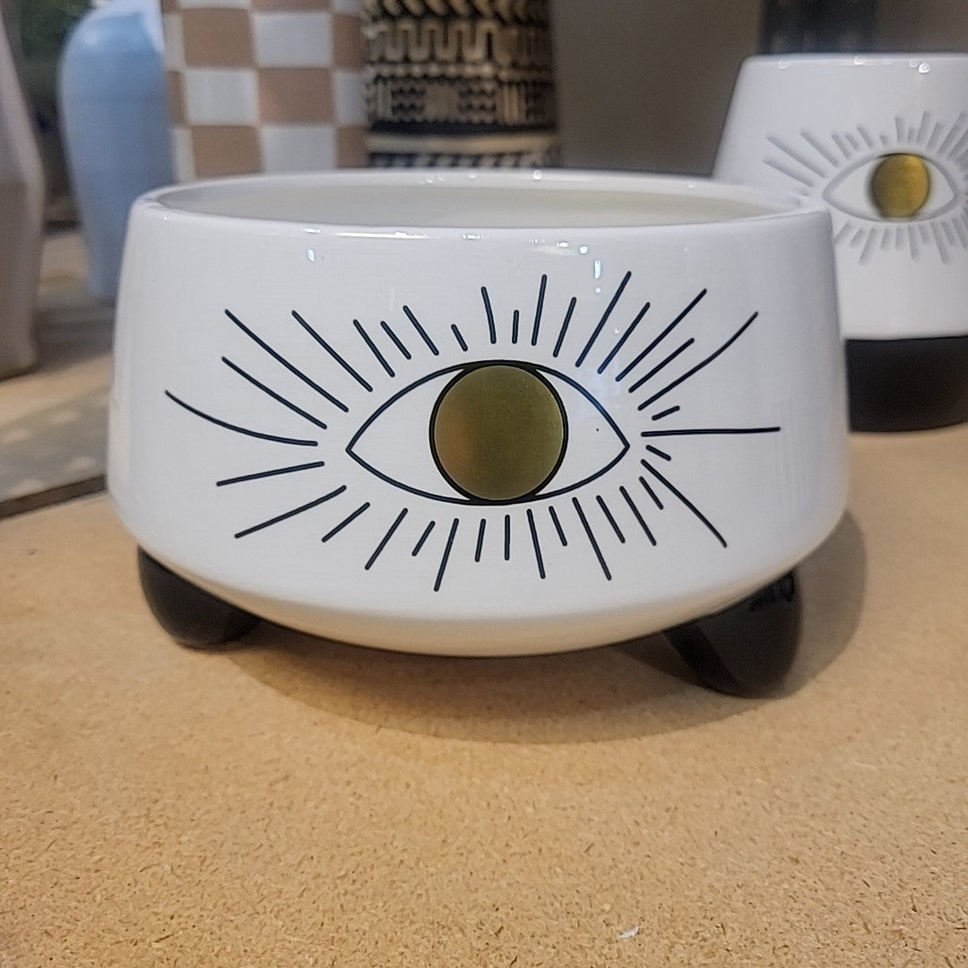 Glazed White & Black All-Seeing Eye Decorative Tripod Bowl