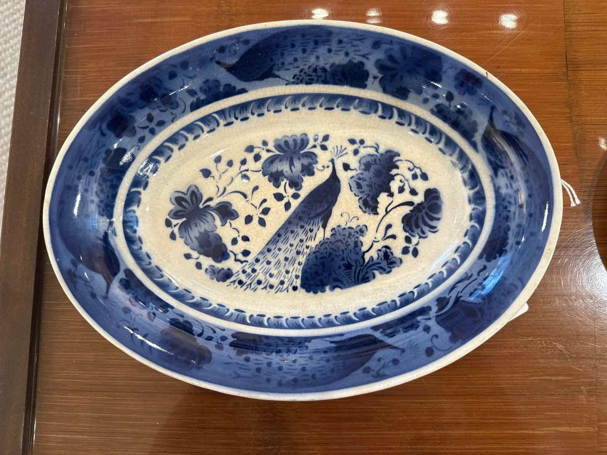 Antique Royal Copenhagen Peacock Cobalt Blue Aluminia Faience (Rare) Oval Veg