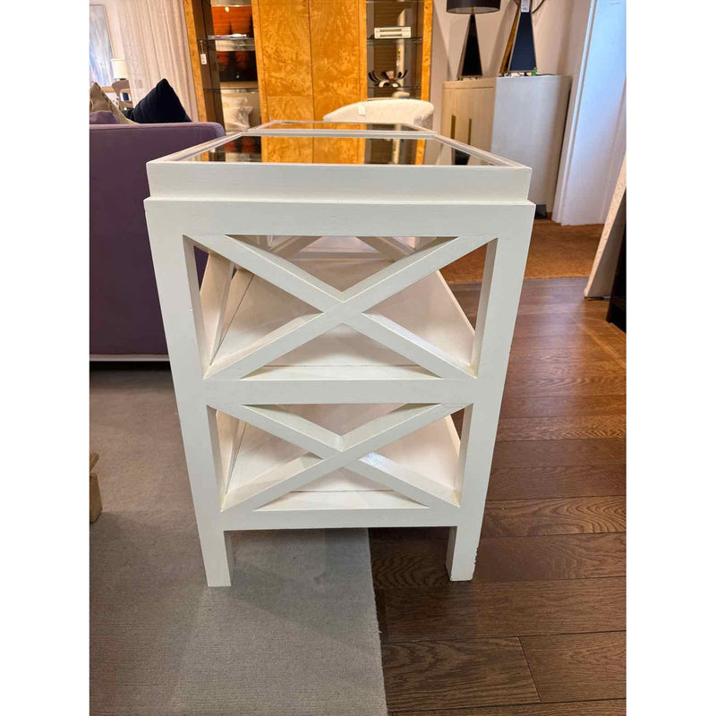 Pair of White Wood Mecox Gardens Side Tables w/ Mirror Tops - AS IS