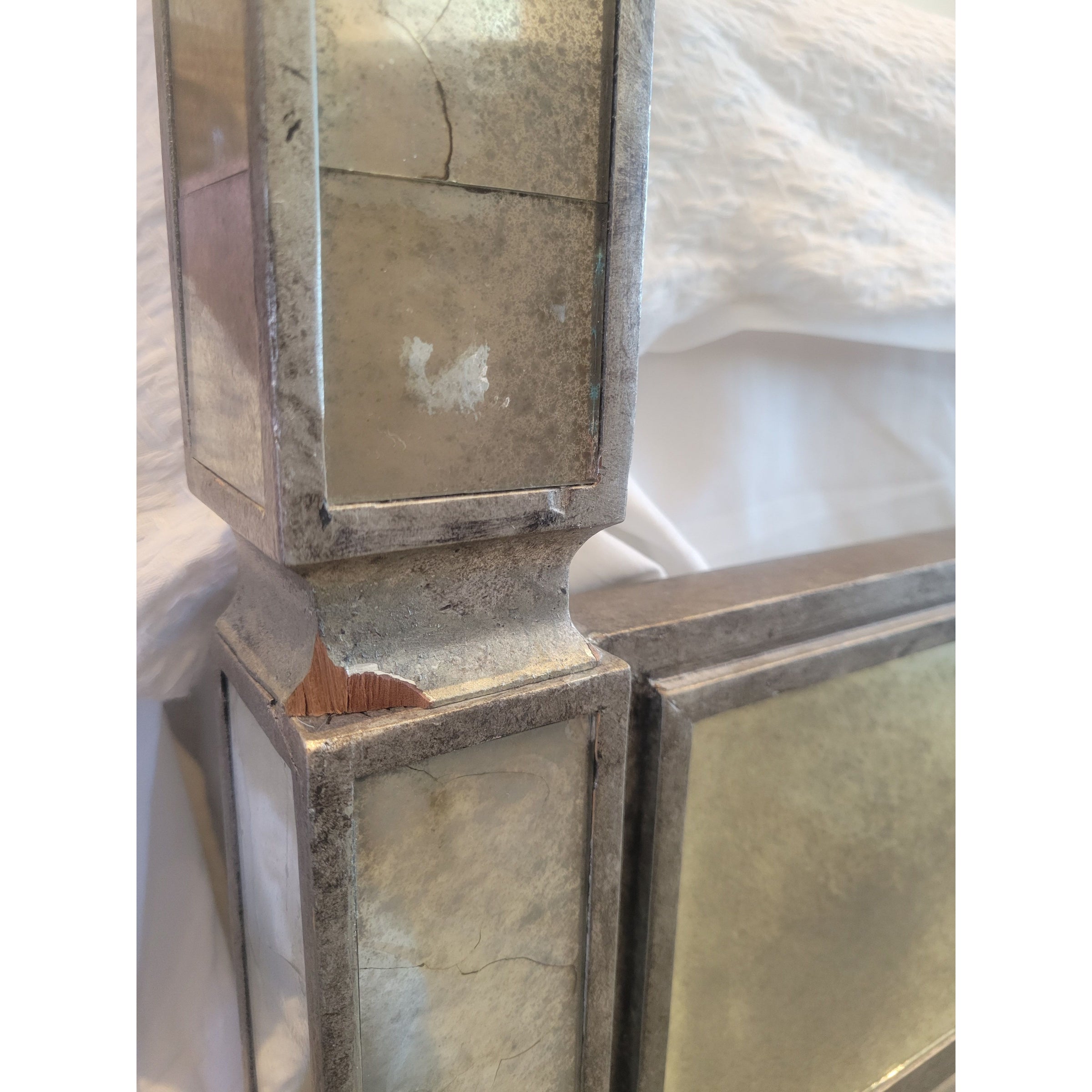 King-Sized Mirrored Mercury Glass Canopy Bed w/ Lilac Velvet Headboard (AS IS) - colletteconsignment.com