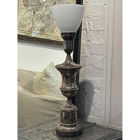 PAIR of Vintage Silver Plated Trophy Table Lamps w/ Milk Glass Shades
