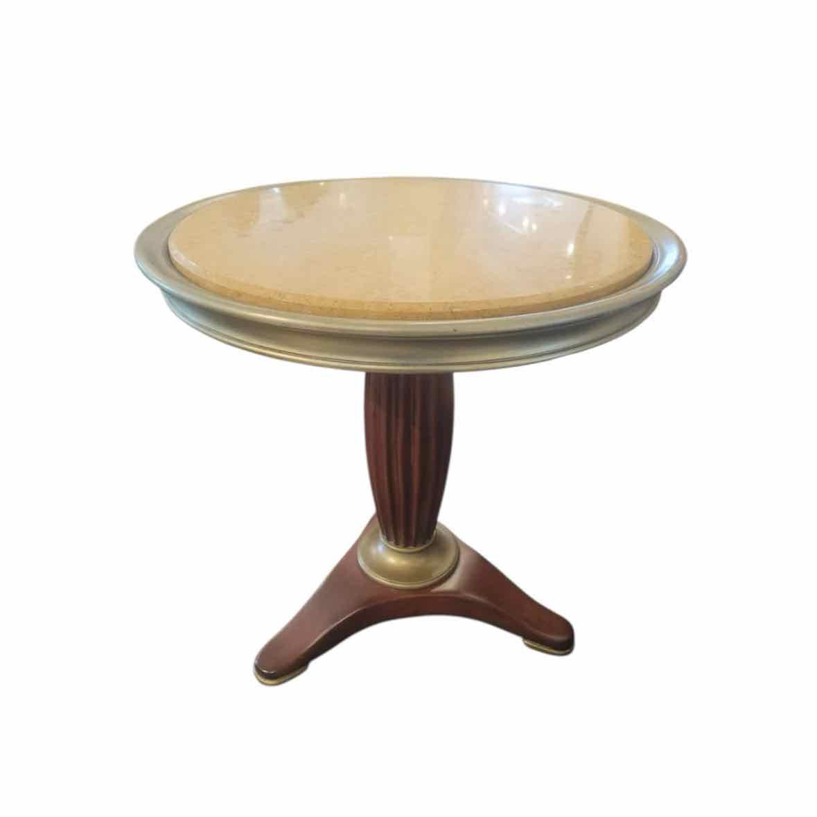 2-ft Round Jasper Marble Top & Dark Brass Entry Table w/ Fluted Mahogany Base