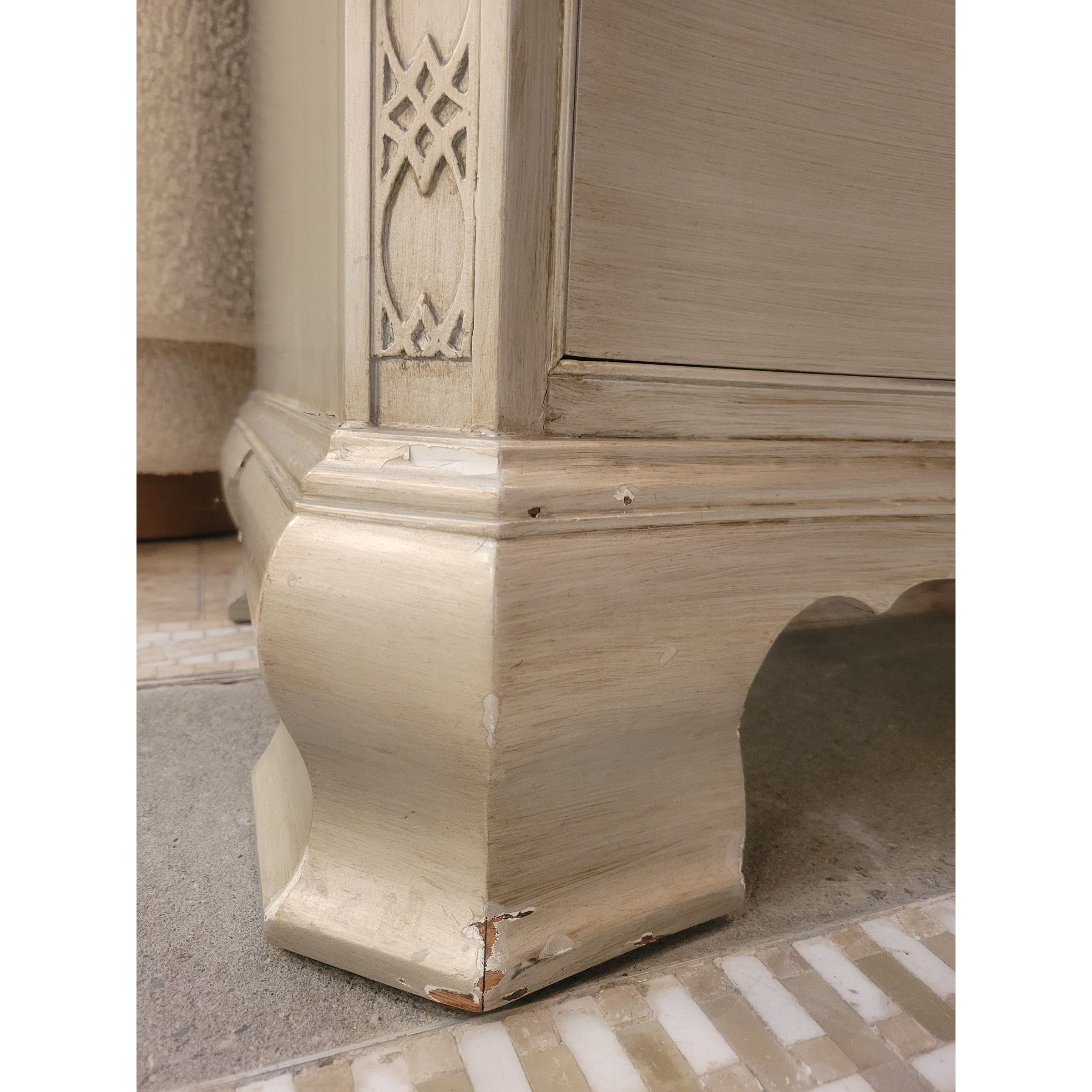 Antique 4-Drawer Platinum Painted Rococo Commode w/ Mirror Glass Top (As Is)