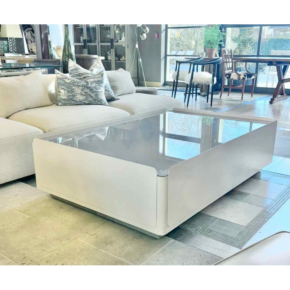 Gray Glass Top Coffee Table w/ White Painted Steel Base