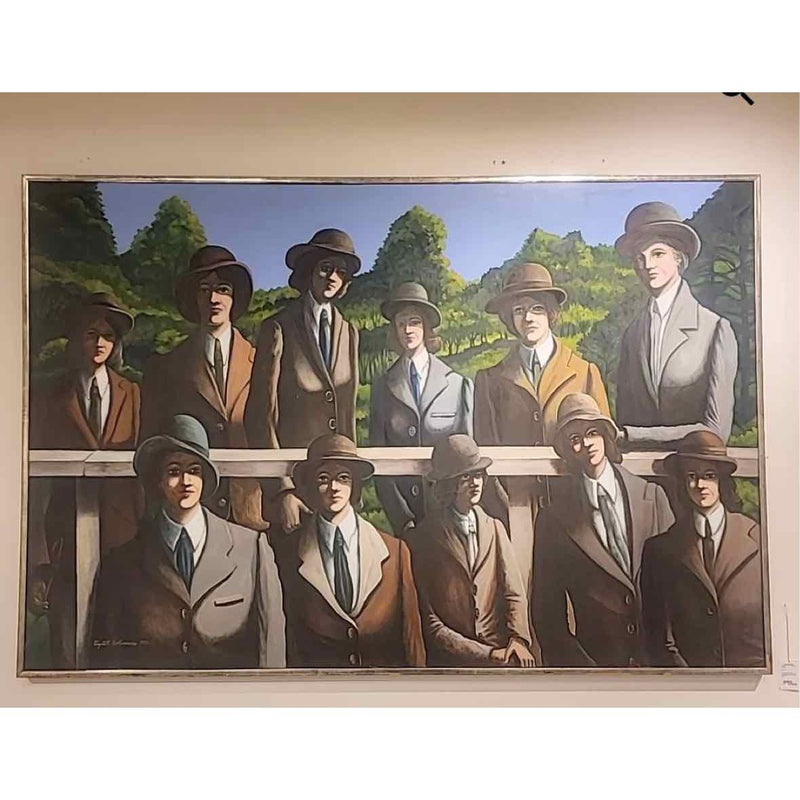 1976 Painting of Women Wearing Bowler Hats and Suits by Elizabeth Bohannon