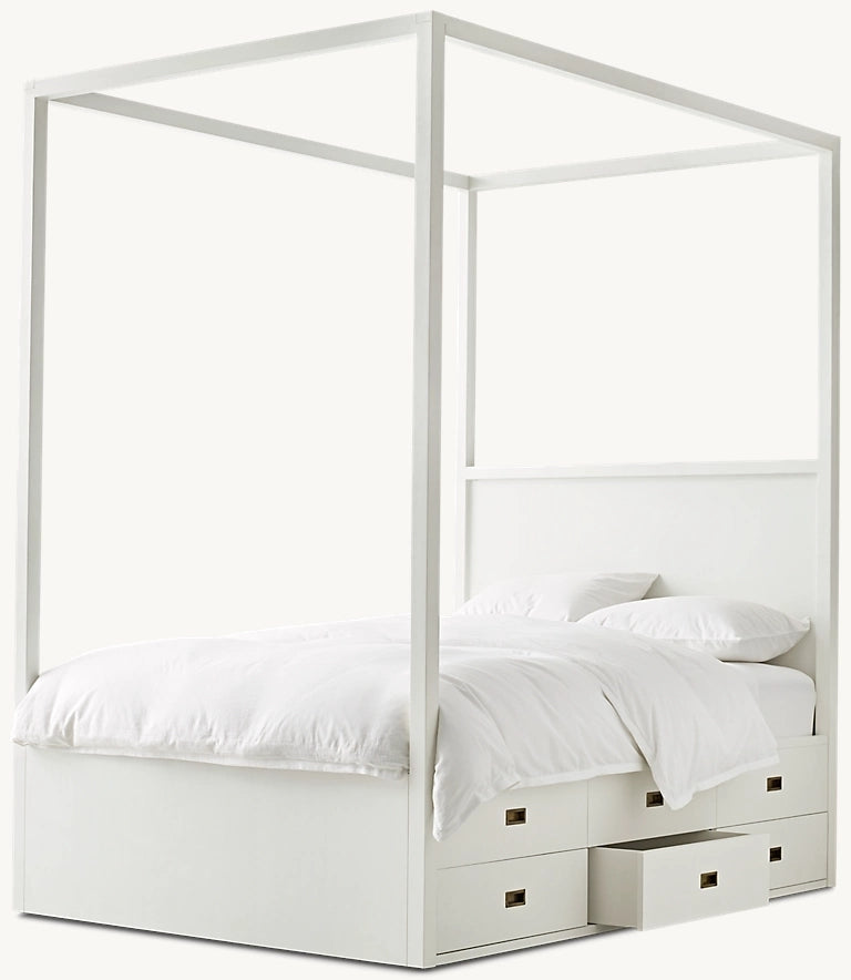 Avalon White Queen-Sized Storage Canopy Bed w/ Brass Drawer Handles