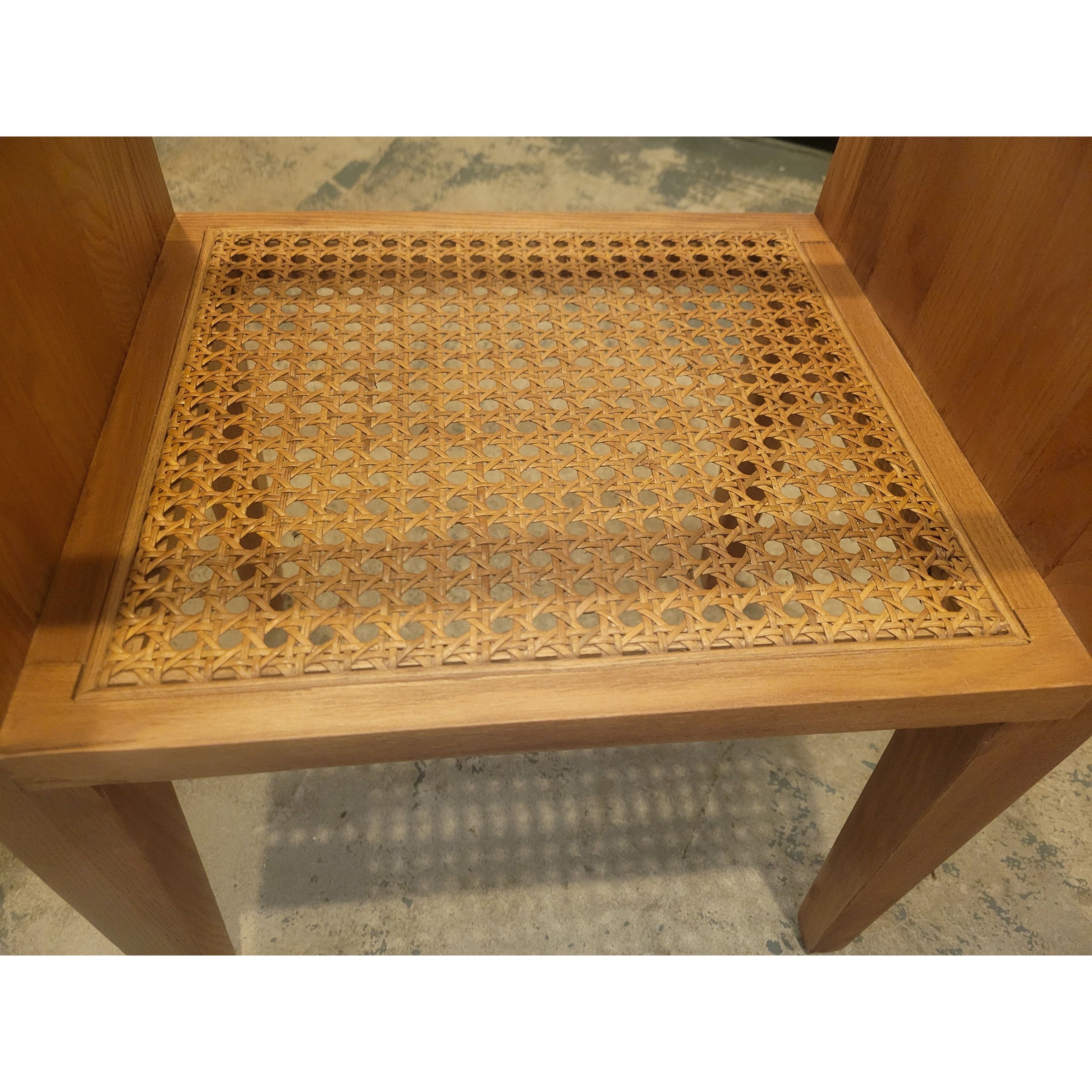 Square Ash Wood Side Table w/ Glass Top & Cane Shelf