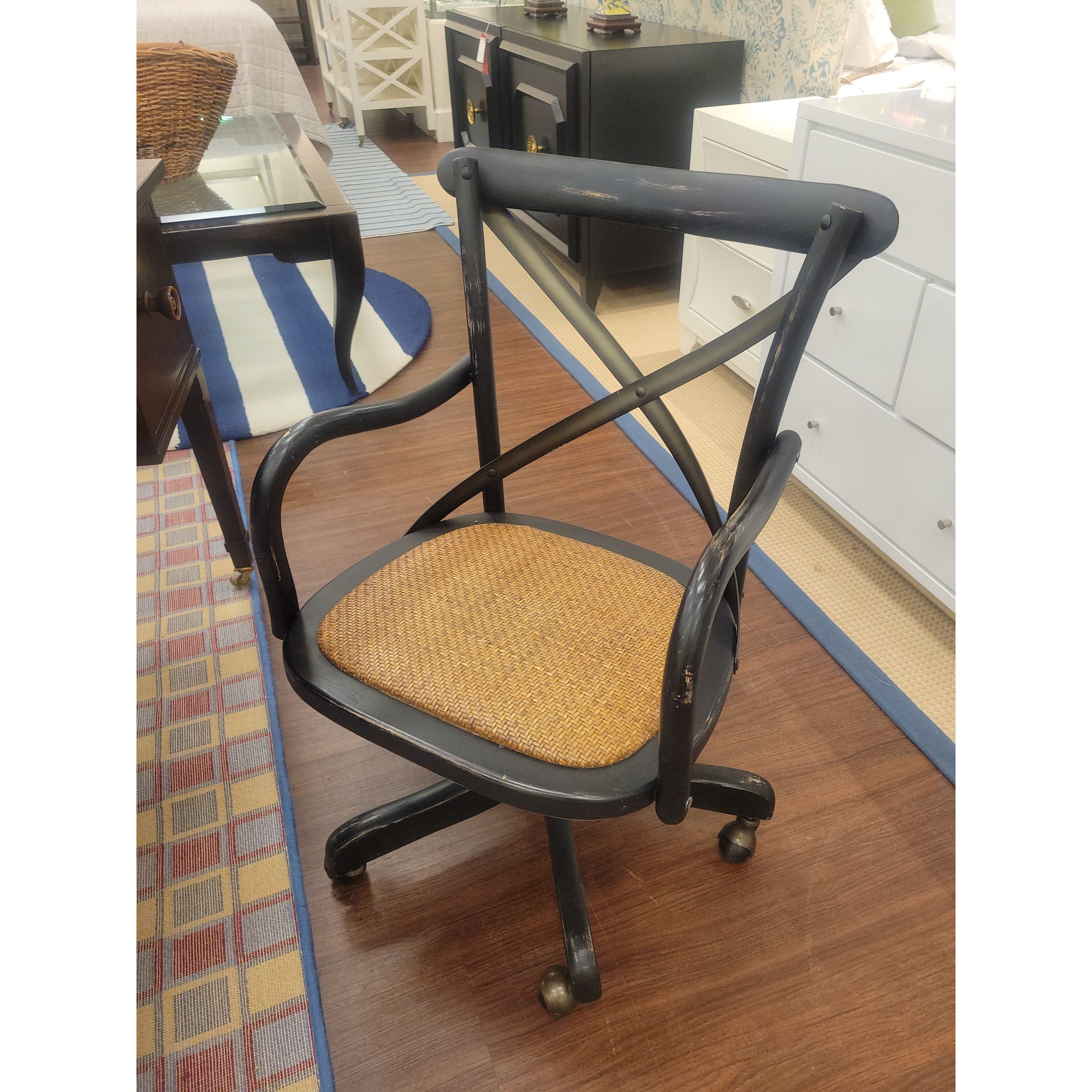 Black Birch Rolling Desk Chair w/ Rattan Seat & Metal Back by Arhaus (AS IS) - colletteconsignment.com